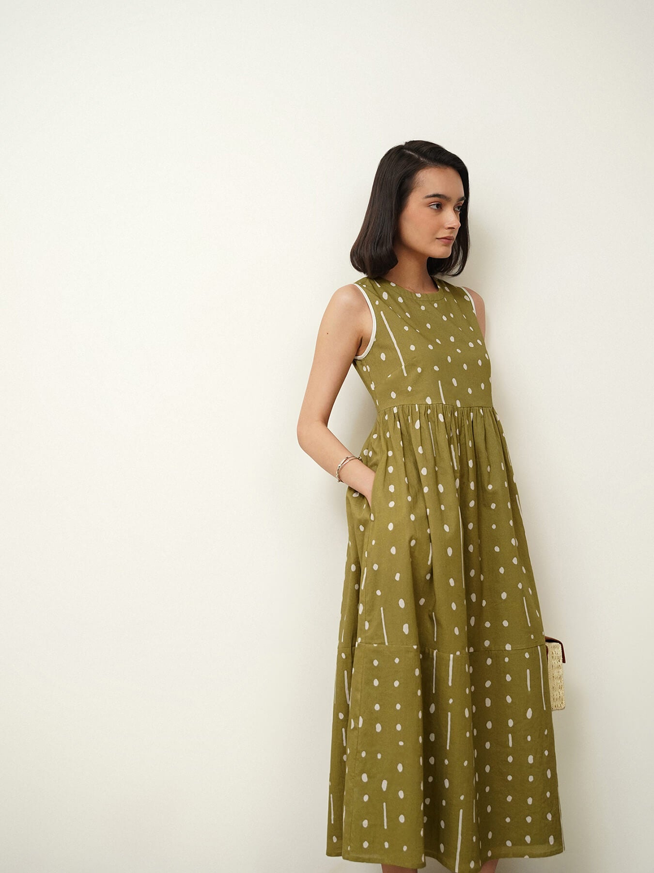 Cotton Polka Flared Dress - Green