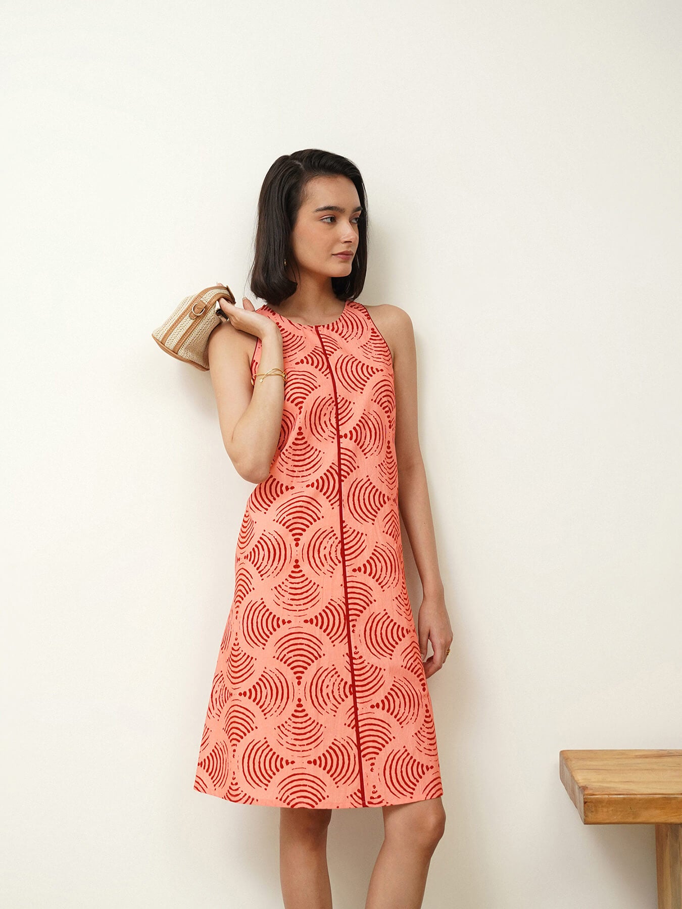 Cotton Geometric A-Line Dress - Peach