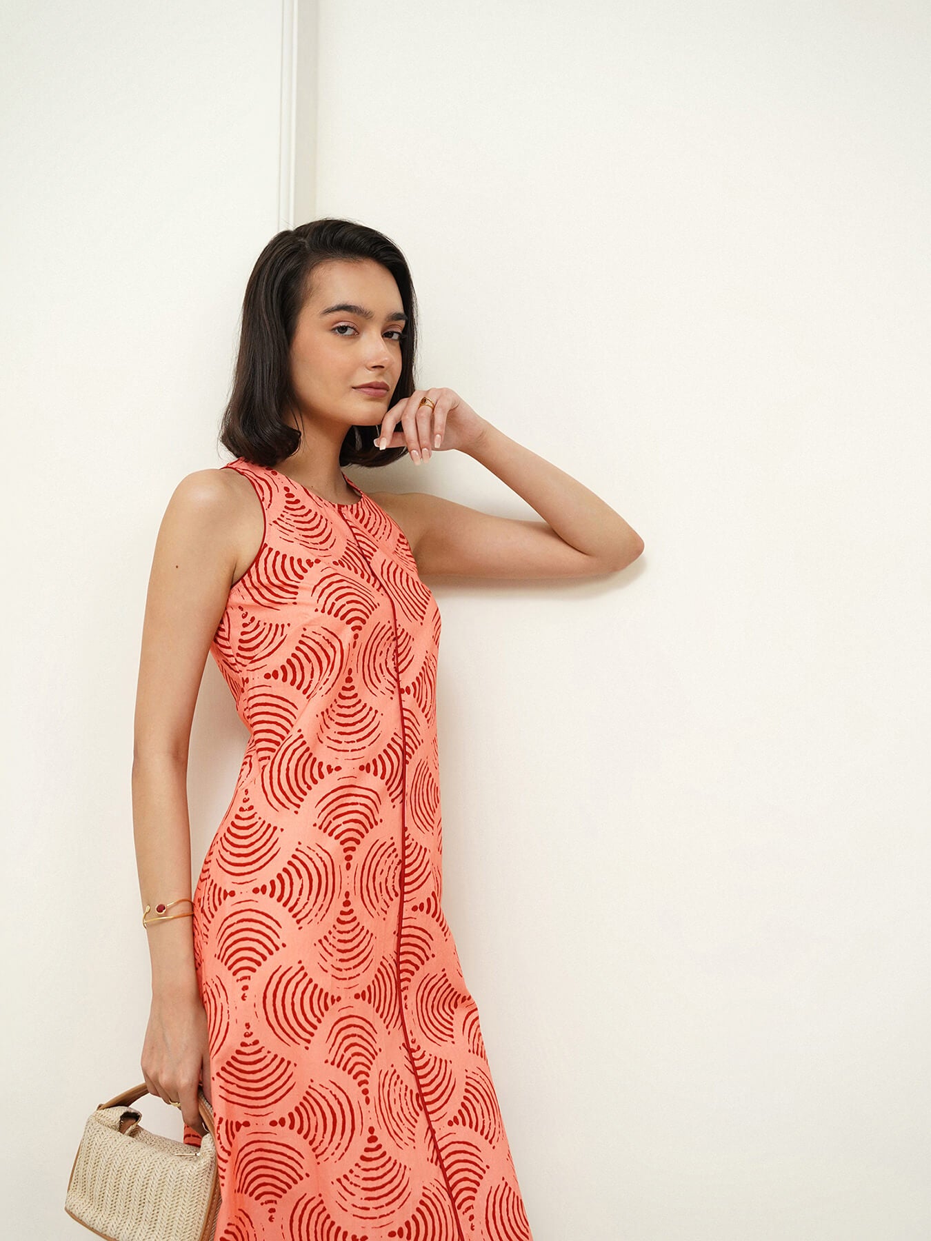 Cotton Geometric A-Line Dress - Peach