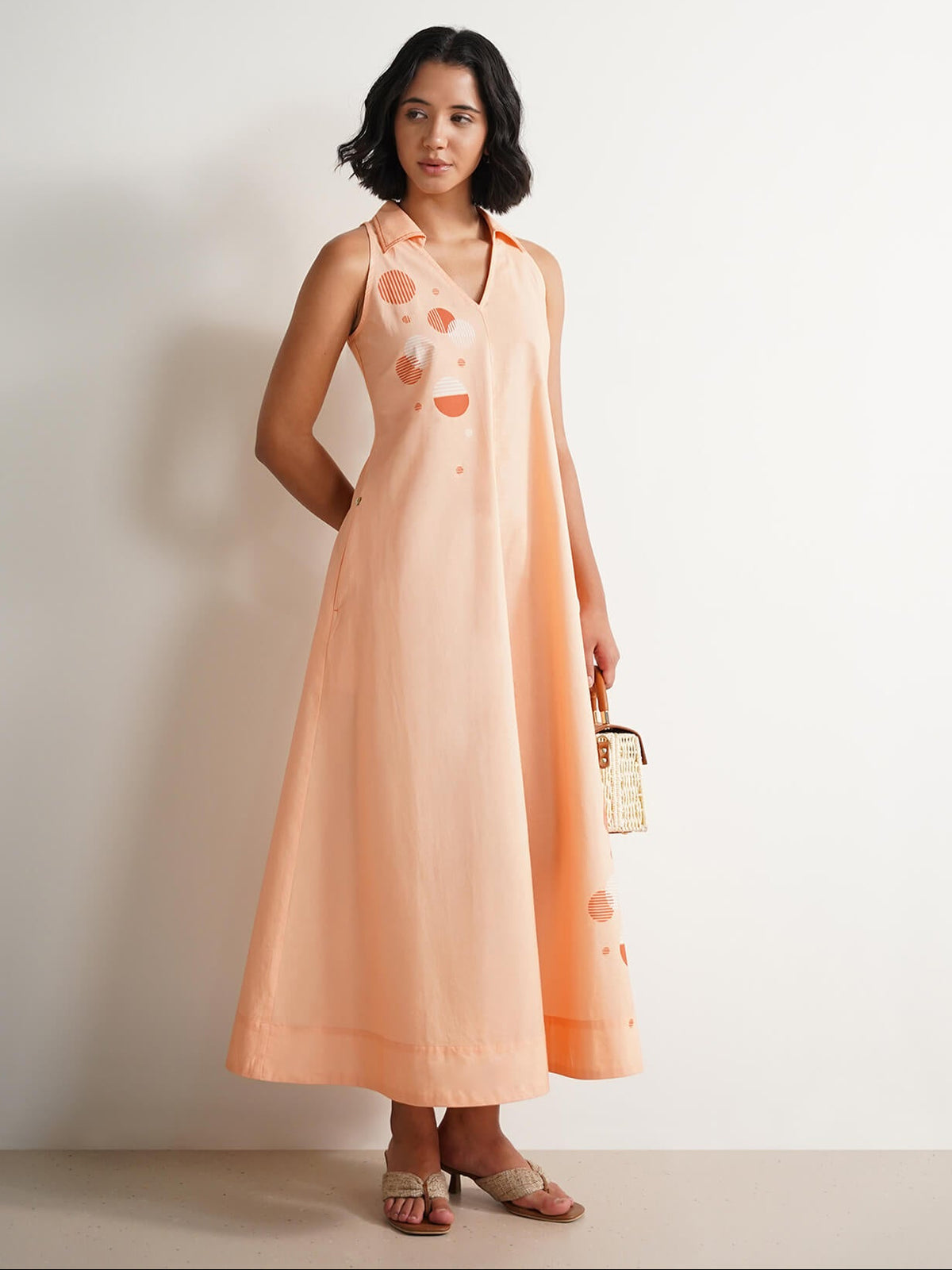 Pure Cotton Polka A-Line Dress - Peach