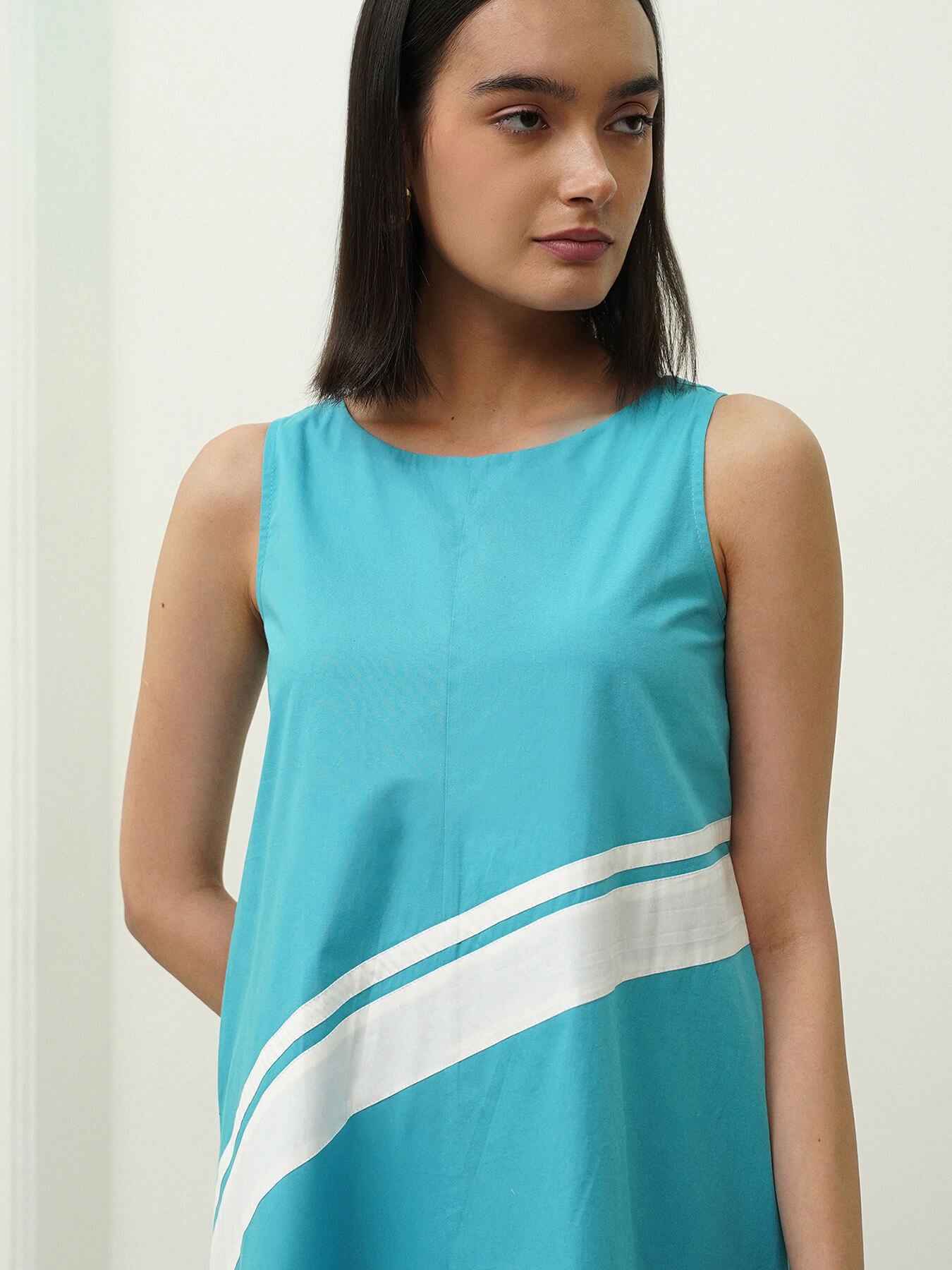 Cotton Colourblock A-Line Dress - Blue