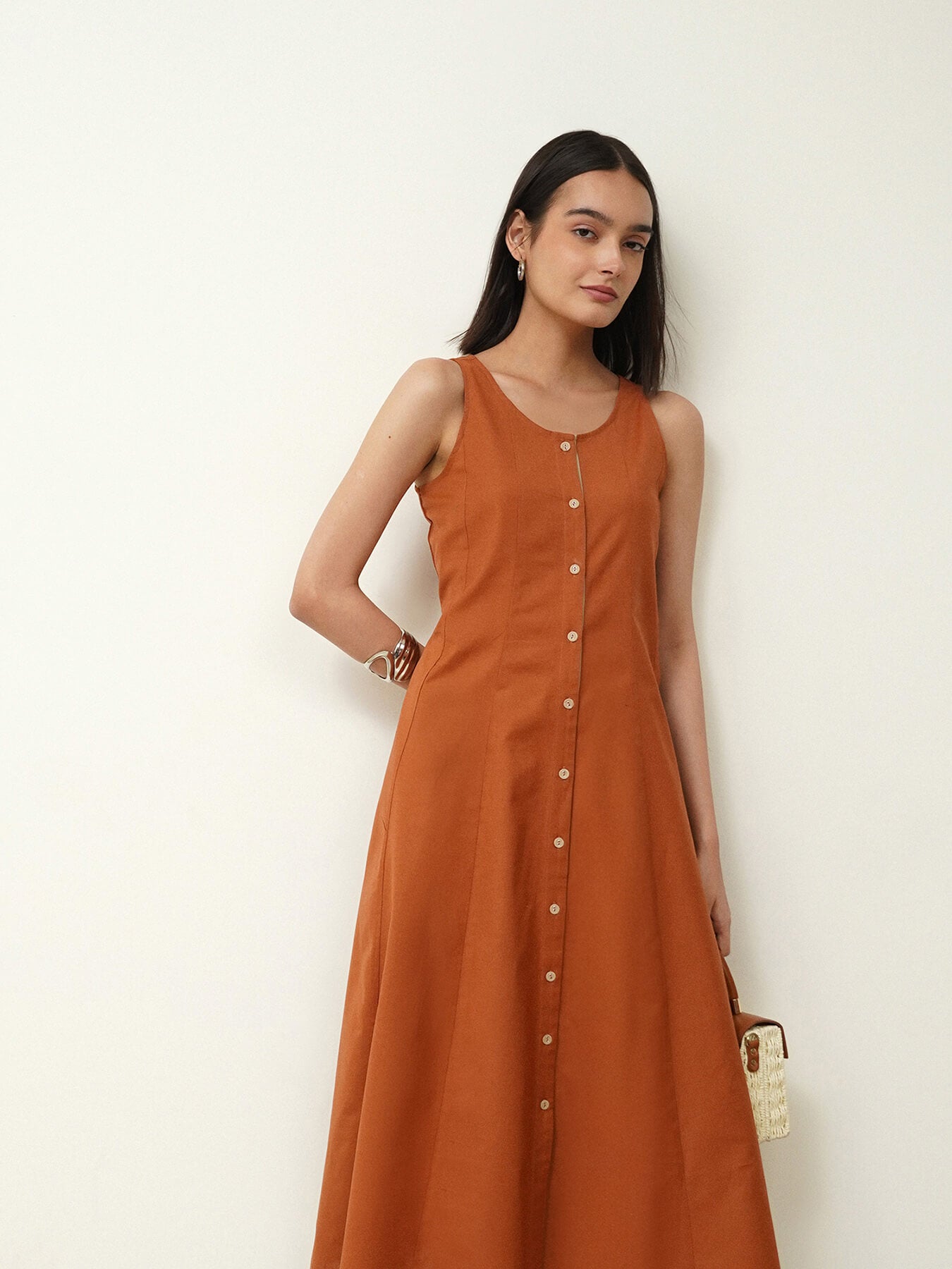 Linen Blend Colourblock Dress - Rust