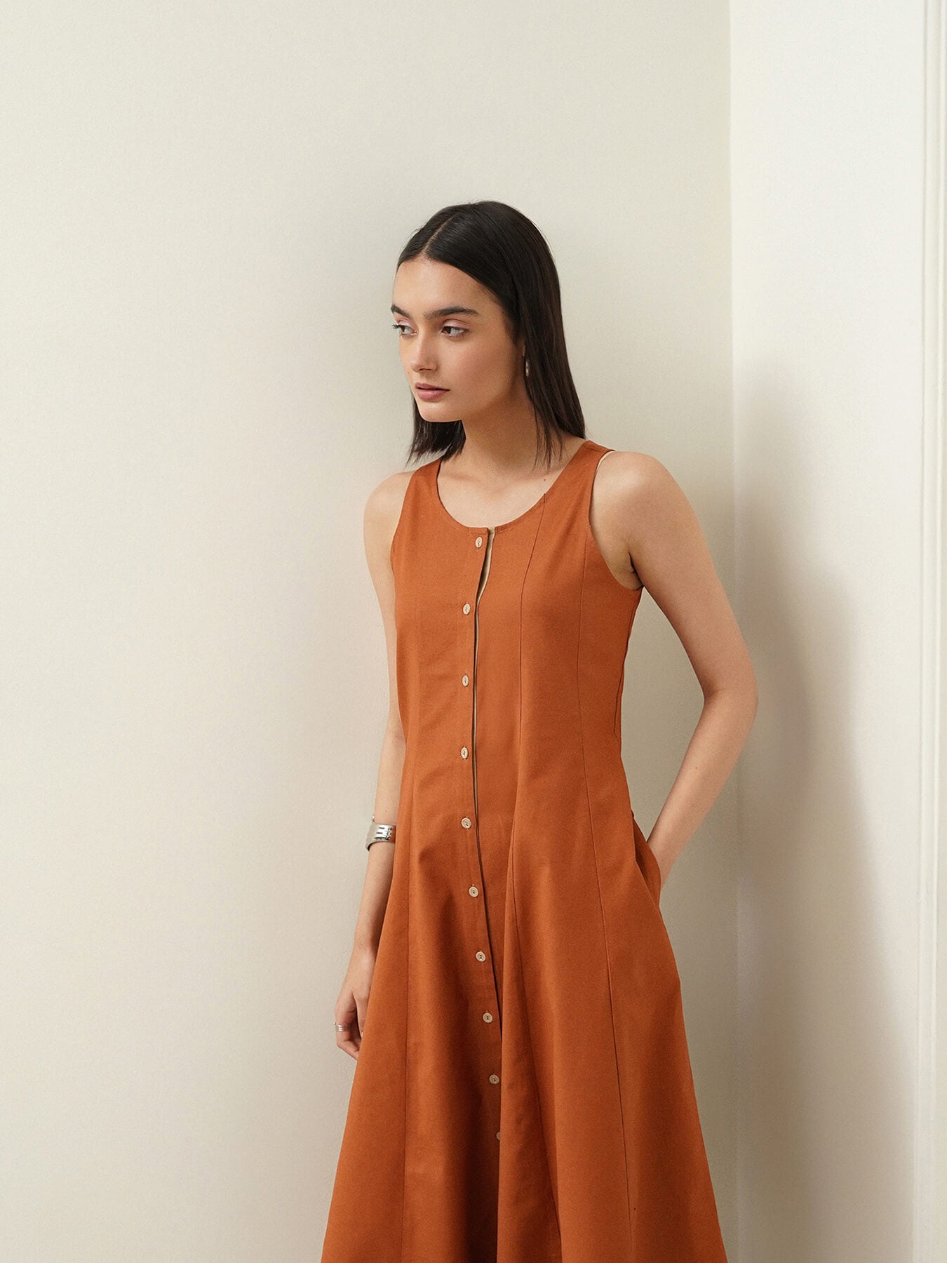 Linen Blend Colourblock Dress - Rust