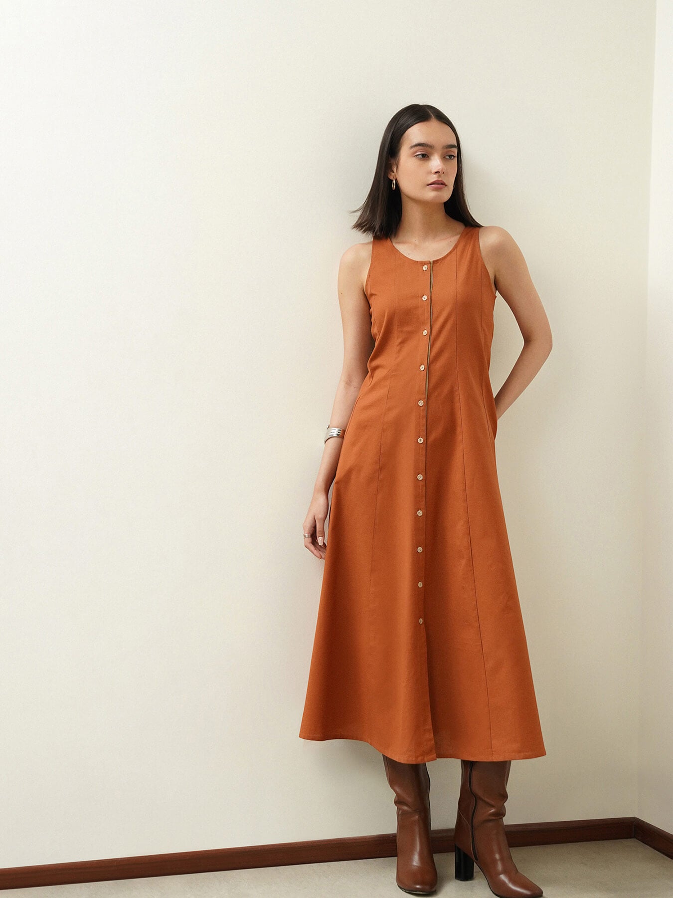 Linen Blend Colourblock Dress - Rust