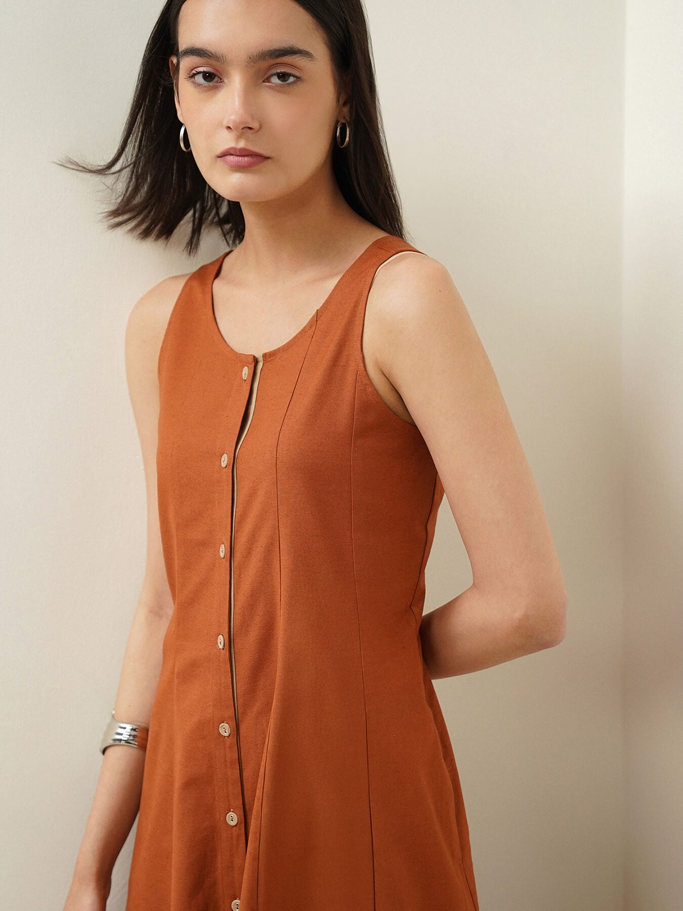 Linen Blend Colourblock Dress - Rust