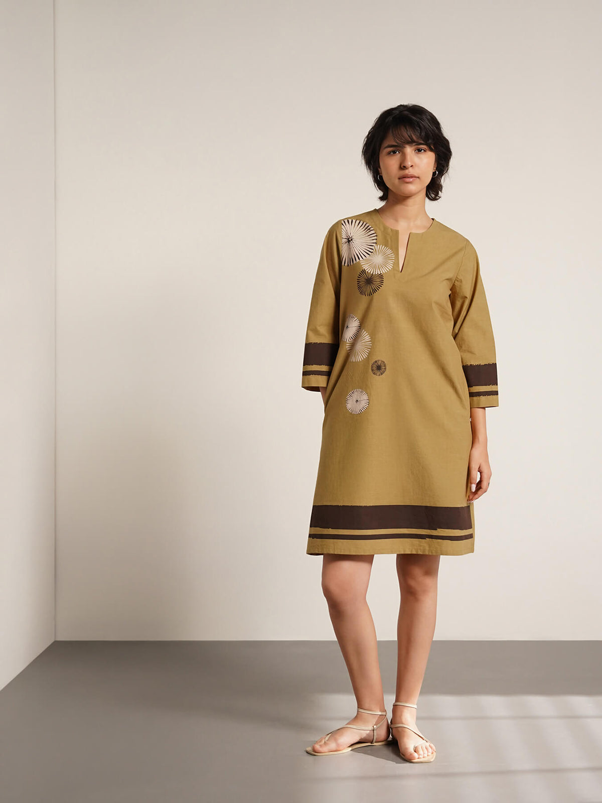 Cotton Floral Placement Print Dress - Olive