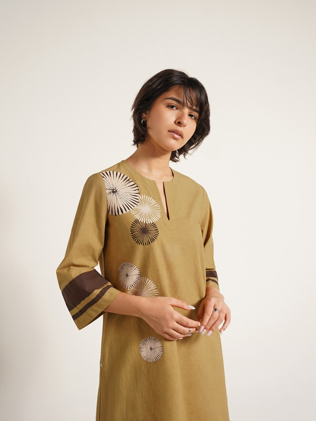Cotton Floral Placement Print Dress - Olive