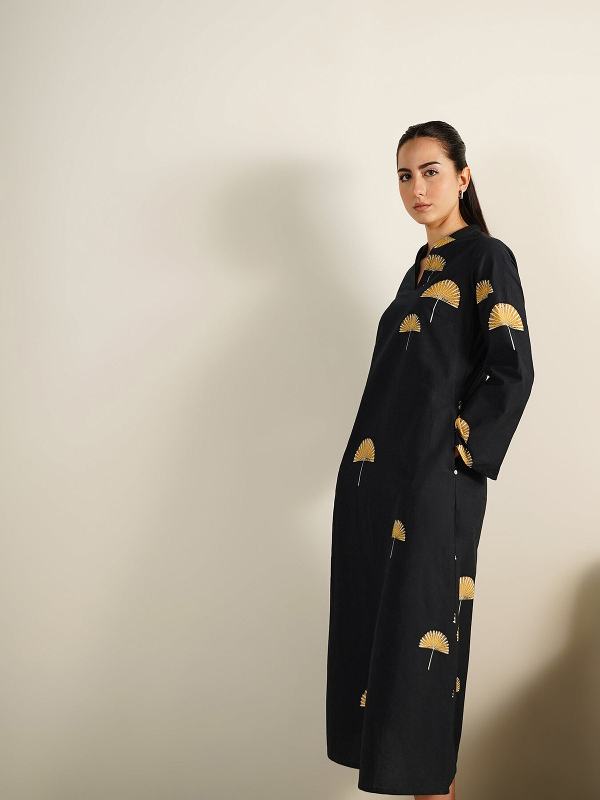 Cotton Ethnic Motif A-line Dress - Black