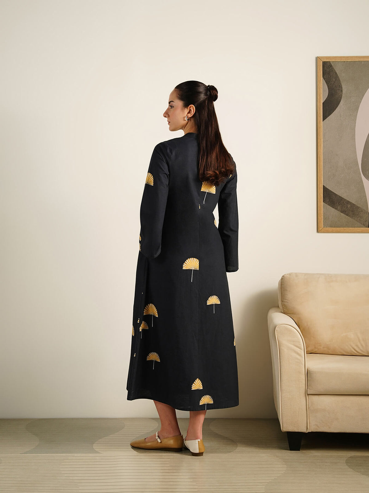 Cotton Ethnic Motif A-line Dress - Black