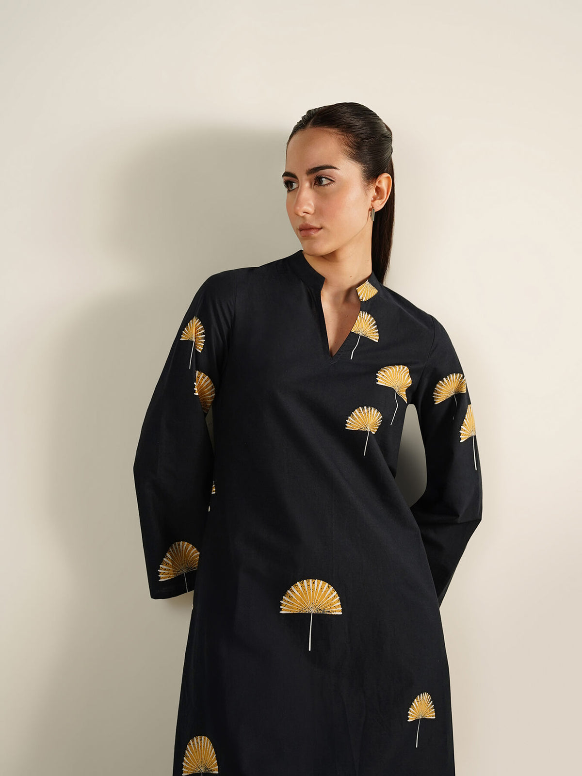 Cotton Ethnic Motif A-line Dress - Black