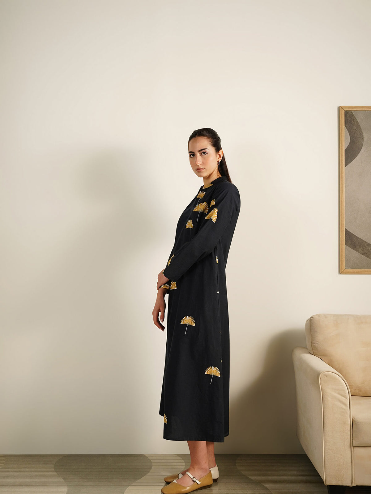 Cotton Ethnic Motif A-line Dress - Black