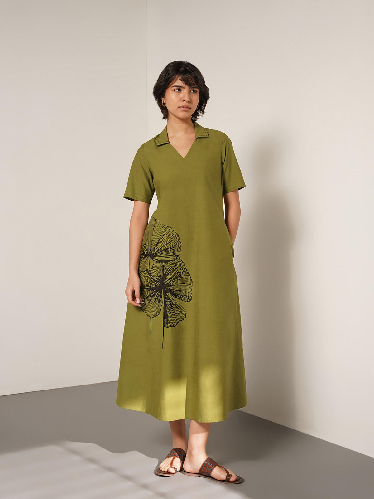 Cotton Placement Floral Print Dress - Olive