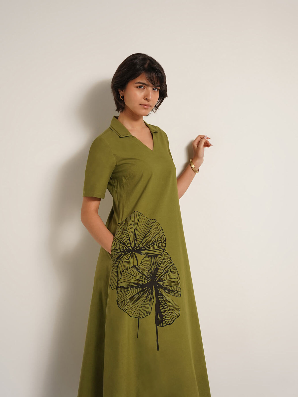Cotton Placement Floral Print Dress - Olive