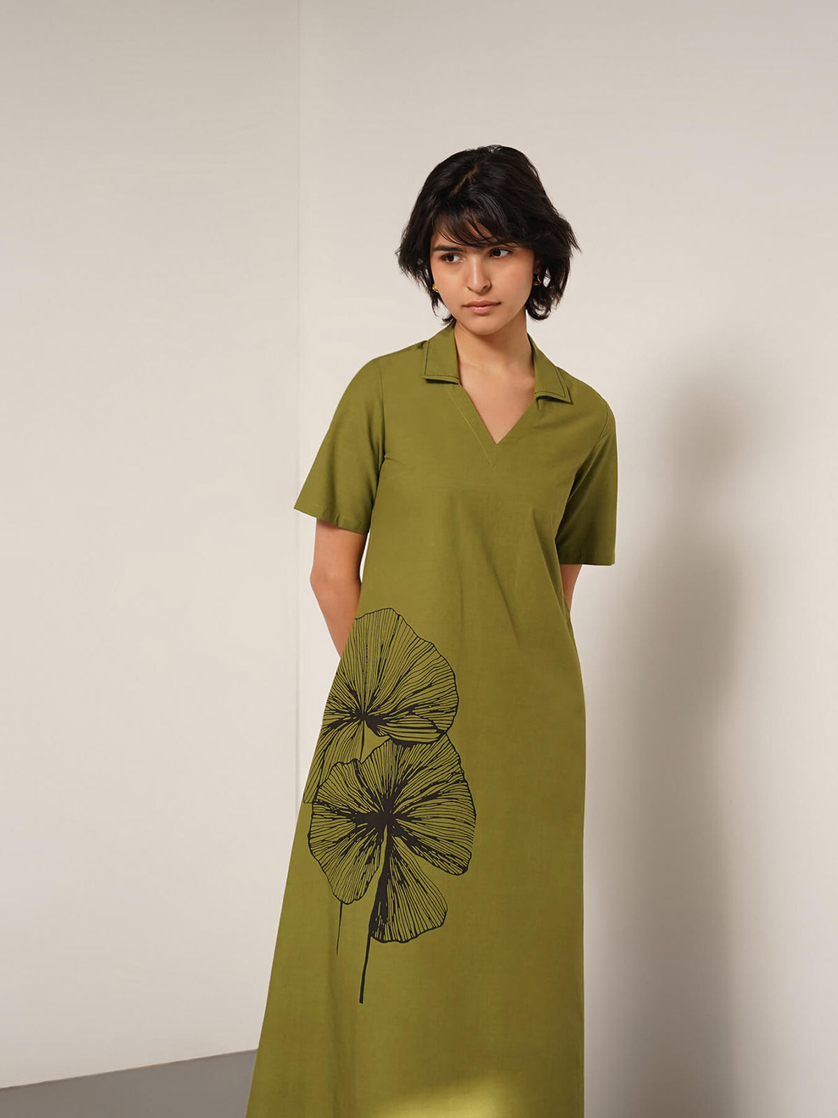 Cotton Placement Floral Print Dress - Olive
