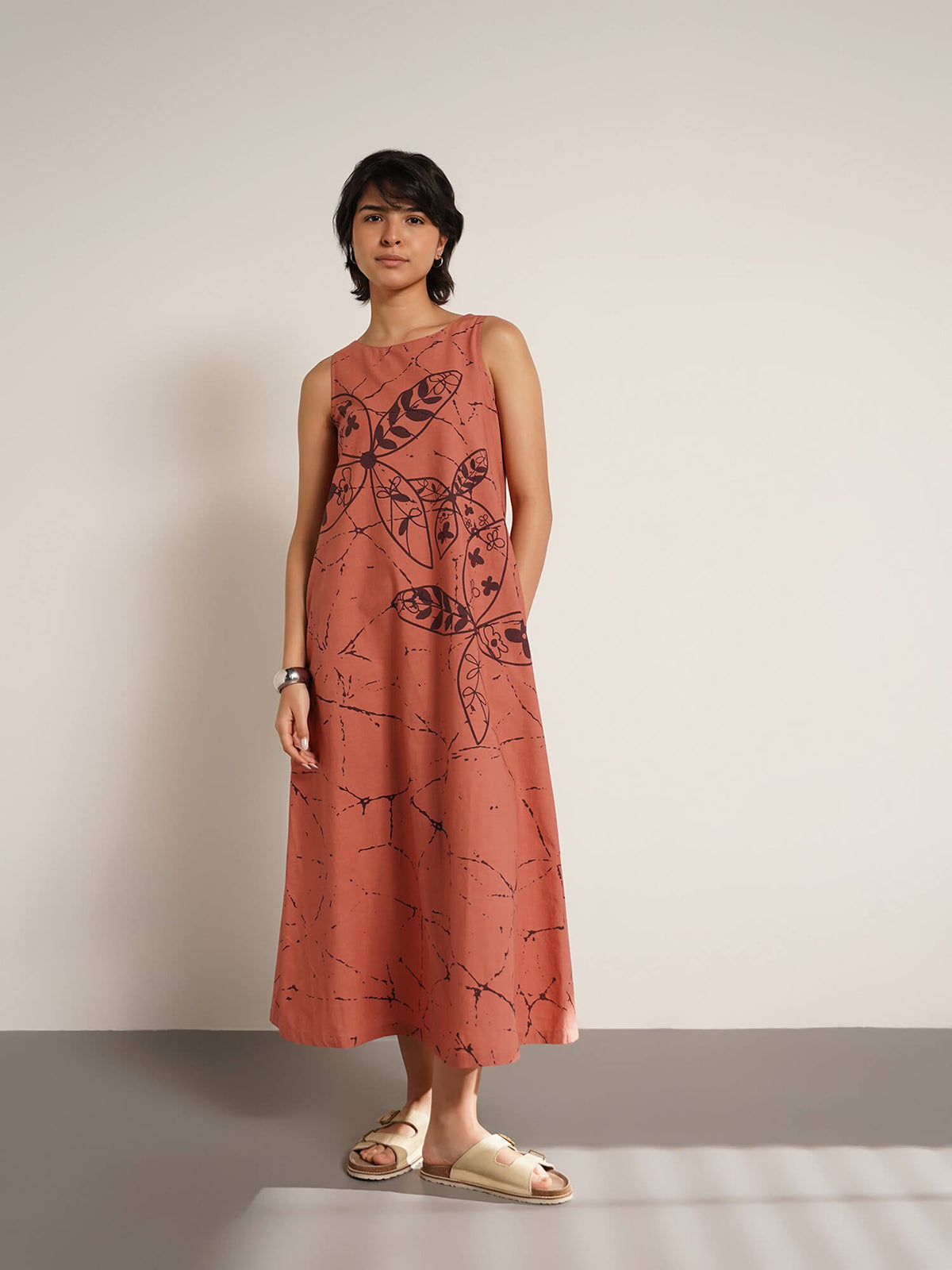 Cotton Floral Boat Neck Dress - Peach