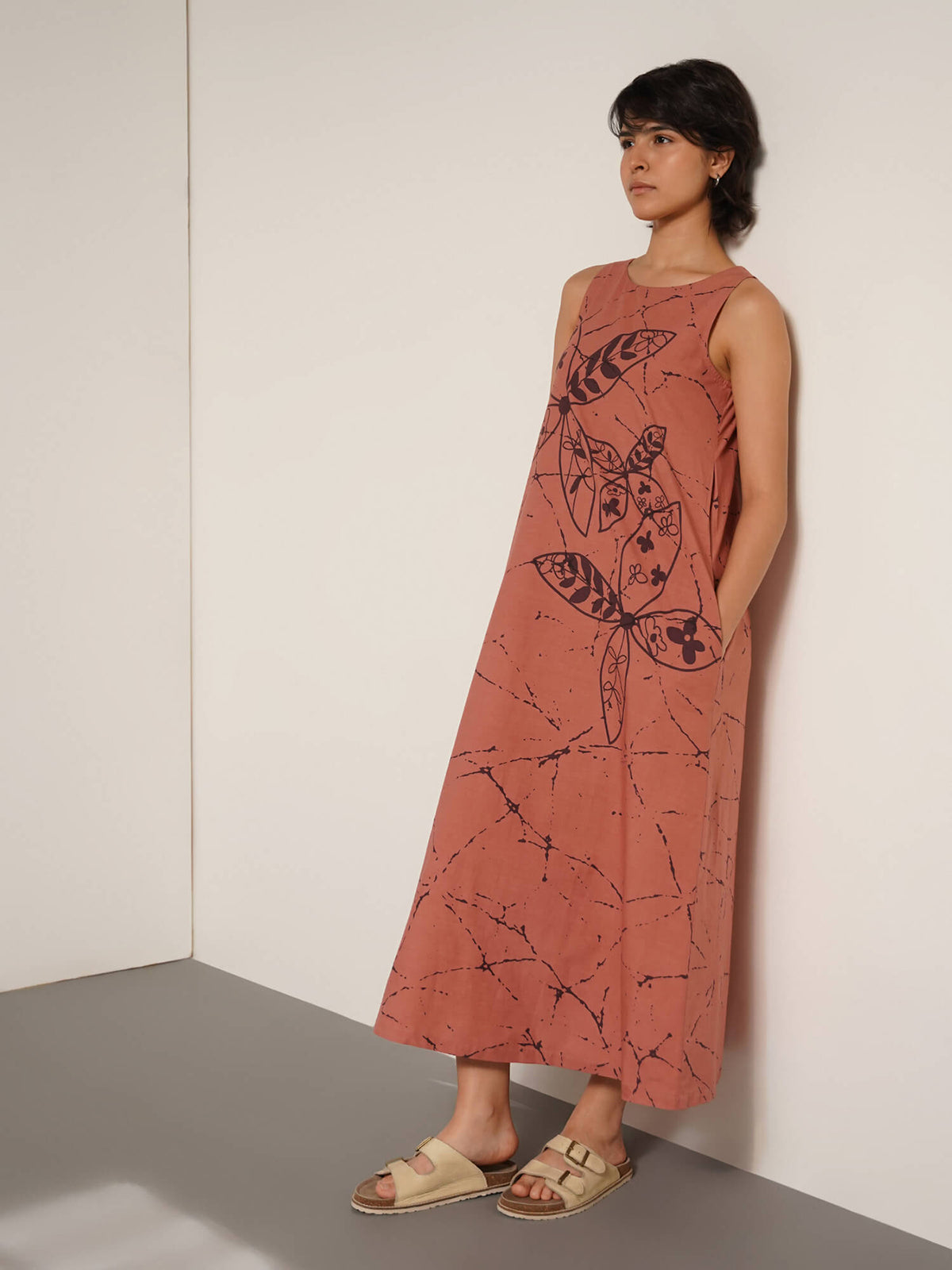 Cotton Floral Boat Neck Dress - Peach