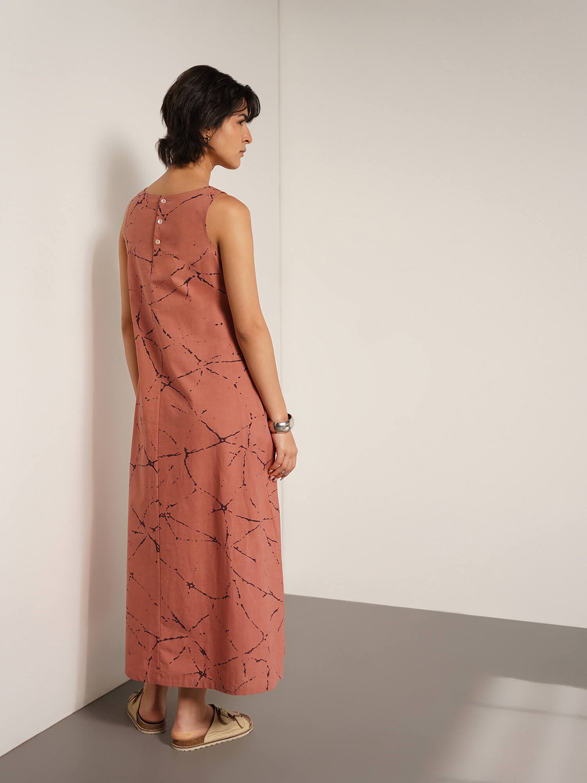 Cotton Floral Boat Neck Dress - Peach