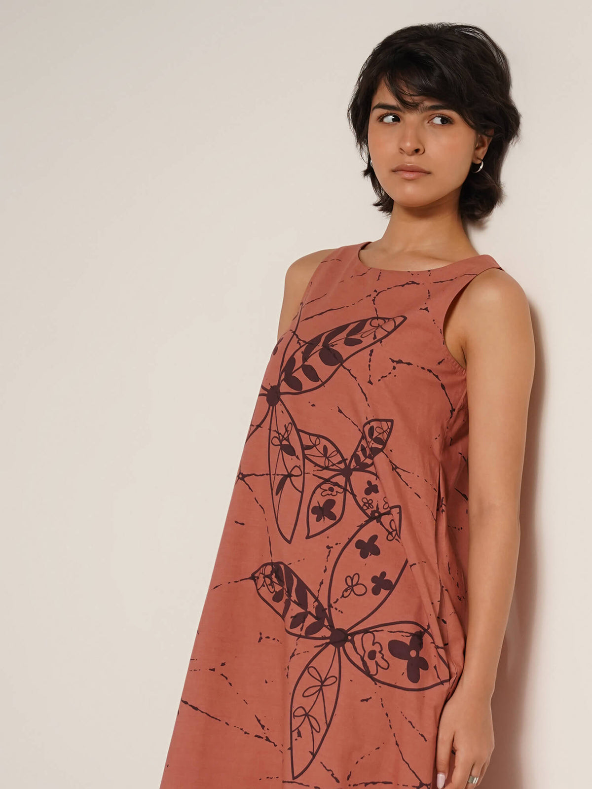 Cotton Floral Boat Neck Dress - Peach