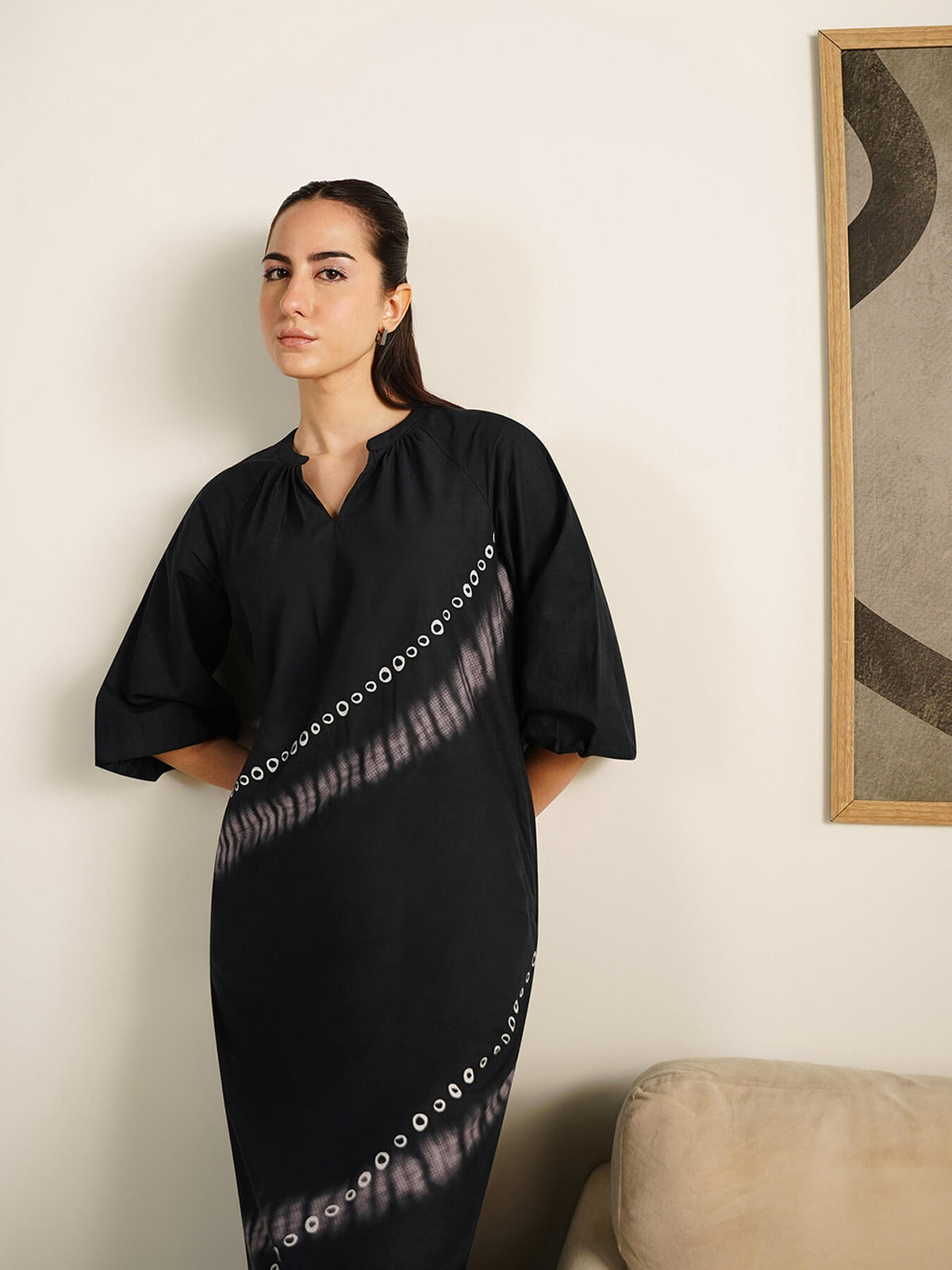 Cotton Abstract Print Midi Dress - Black