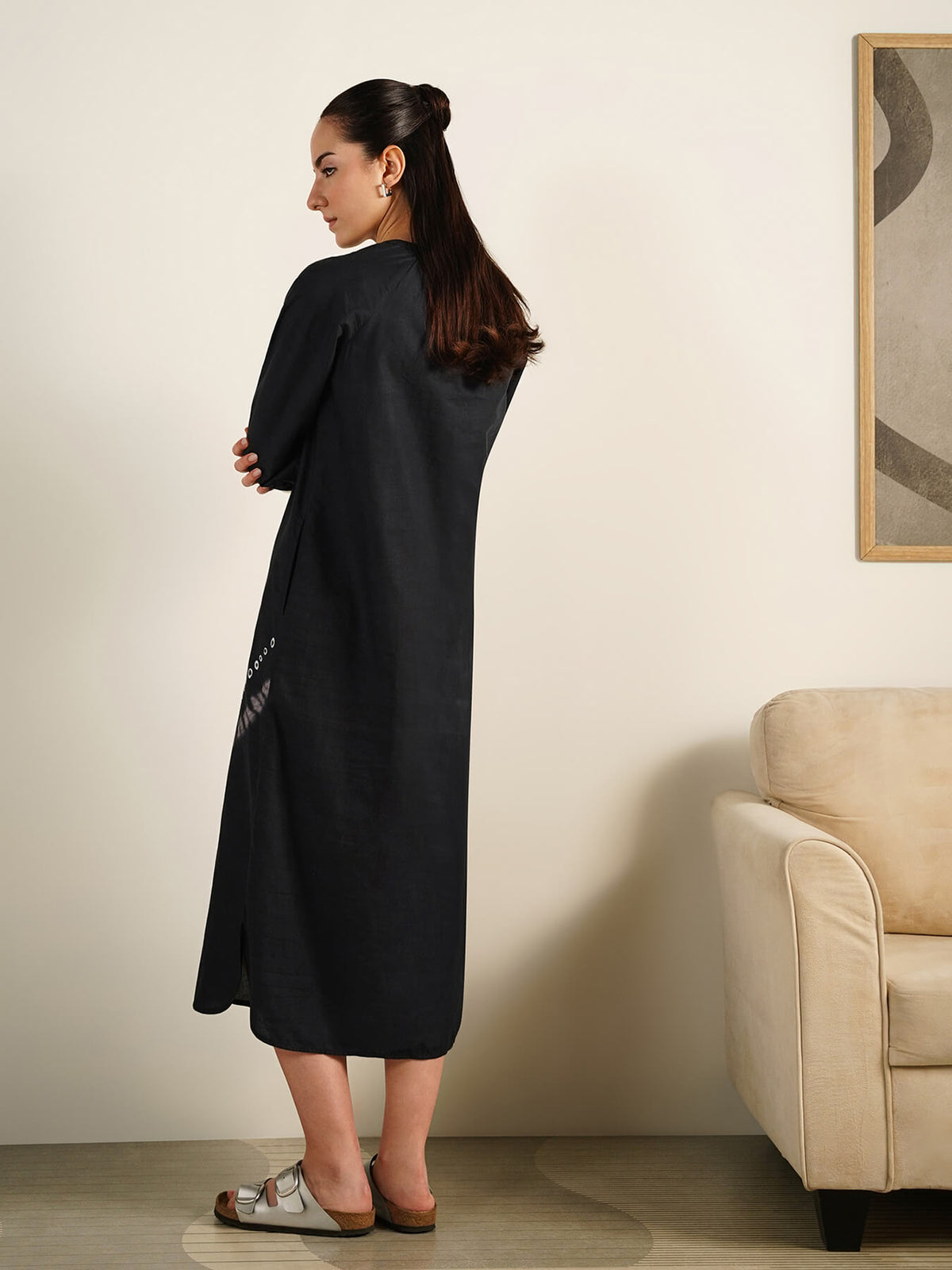 Cotton Abstract Print Midi Dress - Black