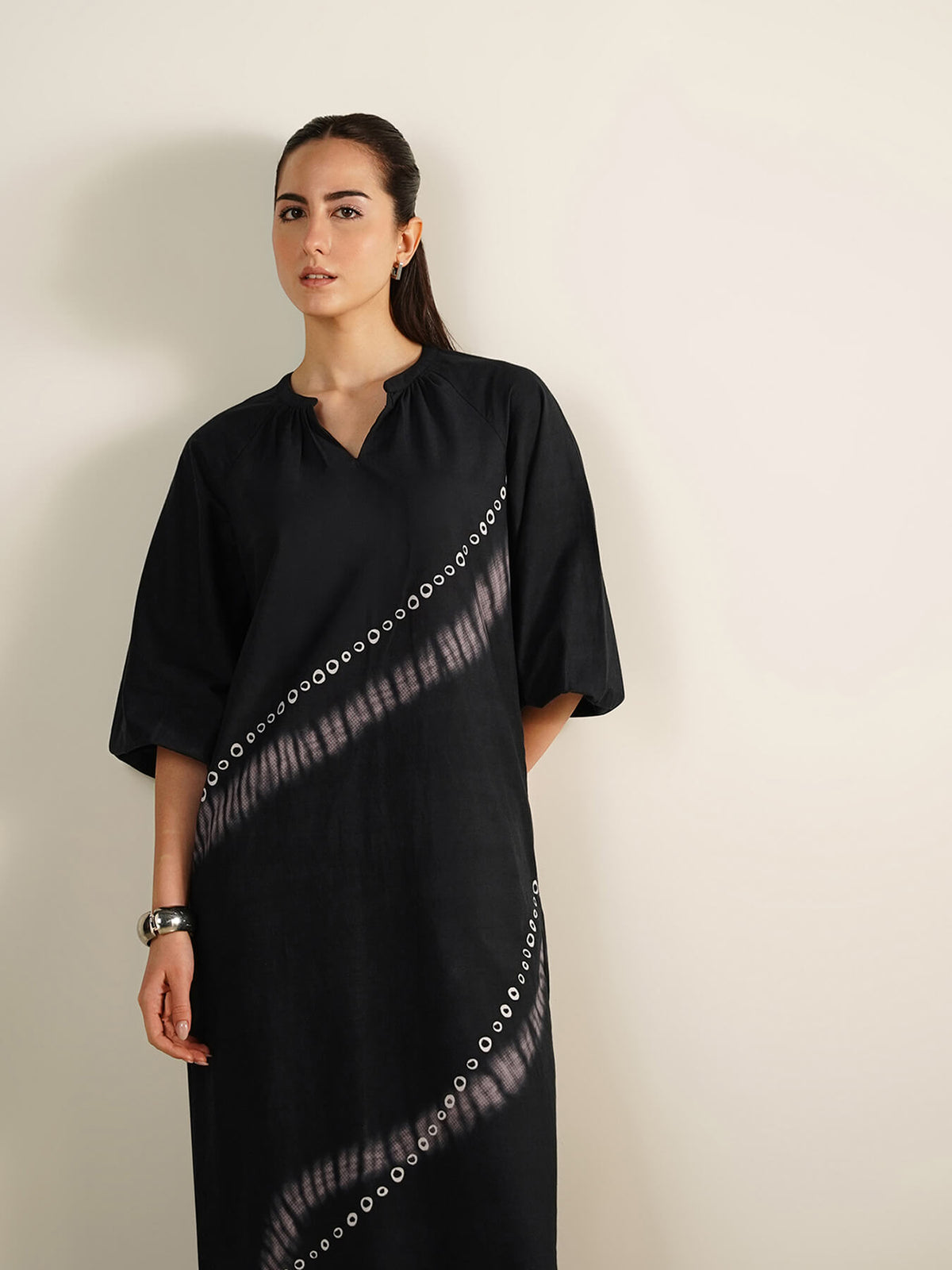 Cotton Abstract Print Midi Dress - Black