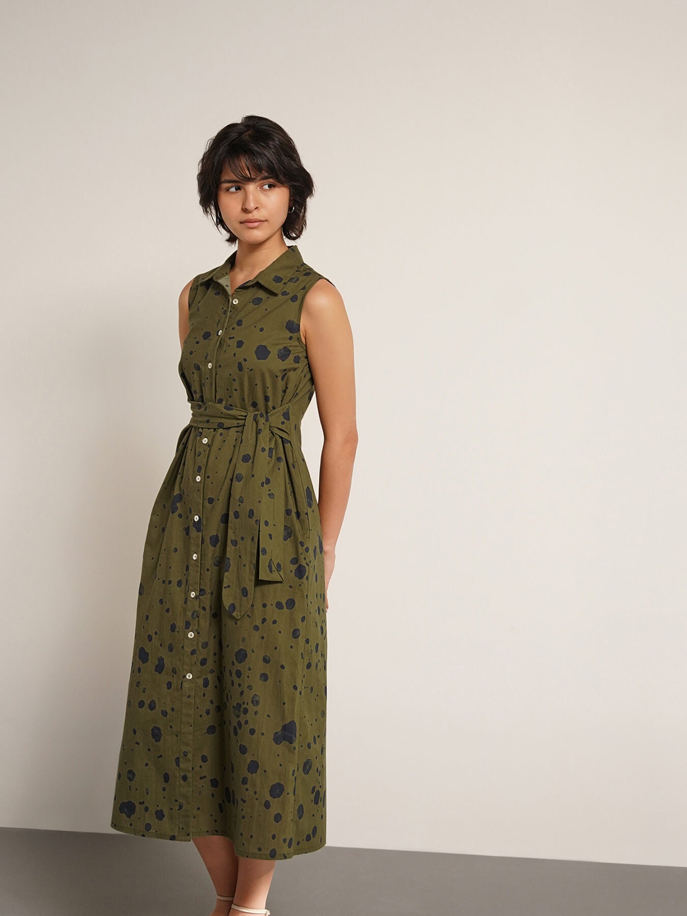 Cotton Abstract Print Shirt Dress - Olive