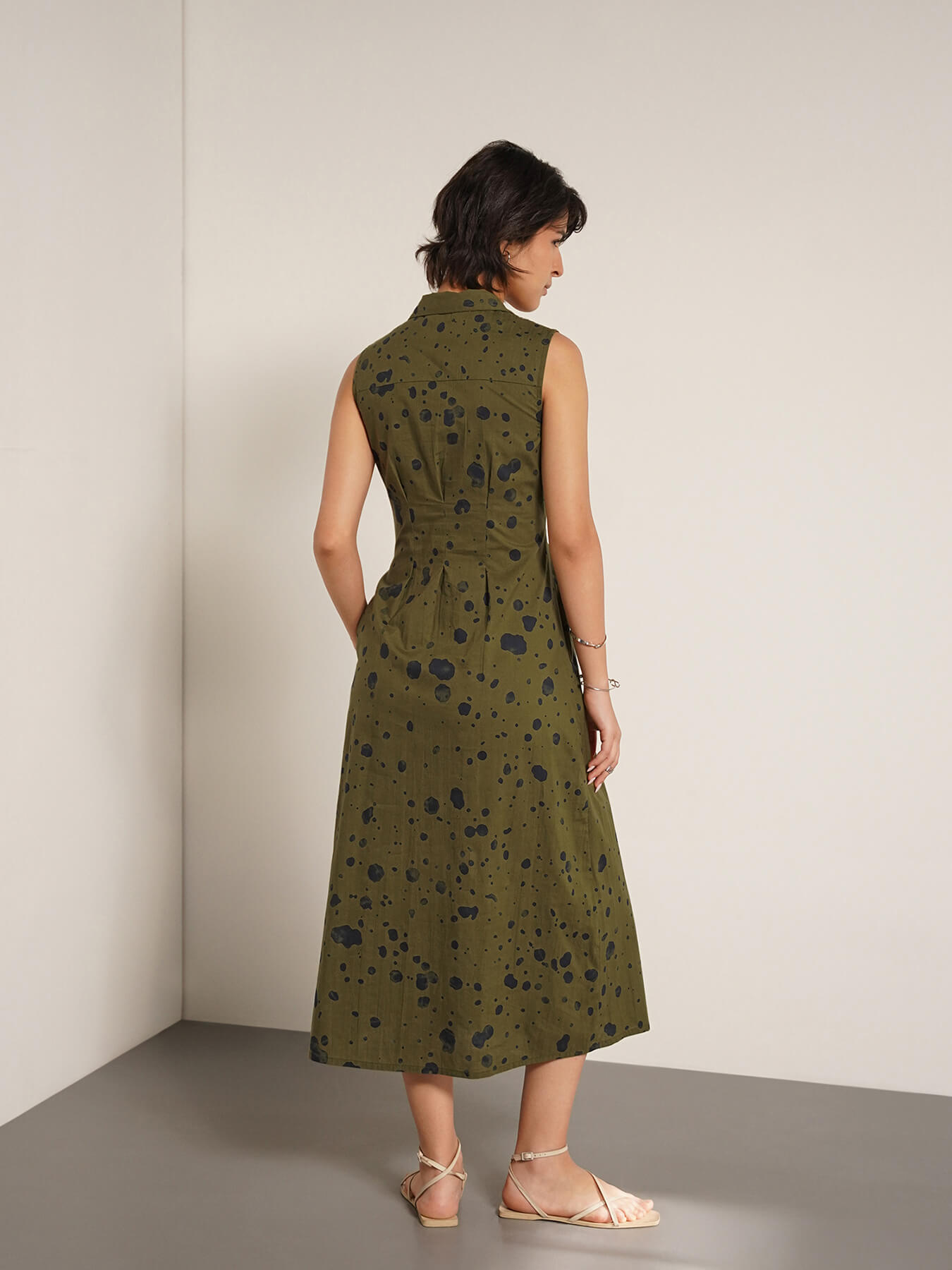 Cotton Abstract Print Shirt Dress - Olive