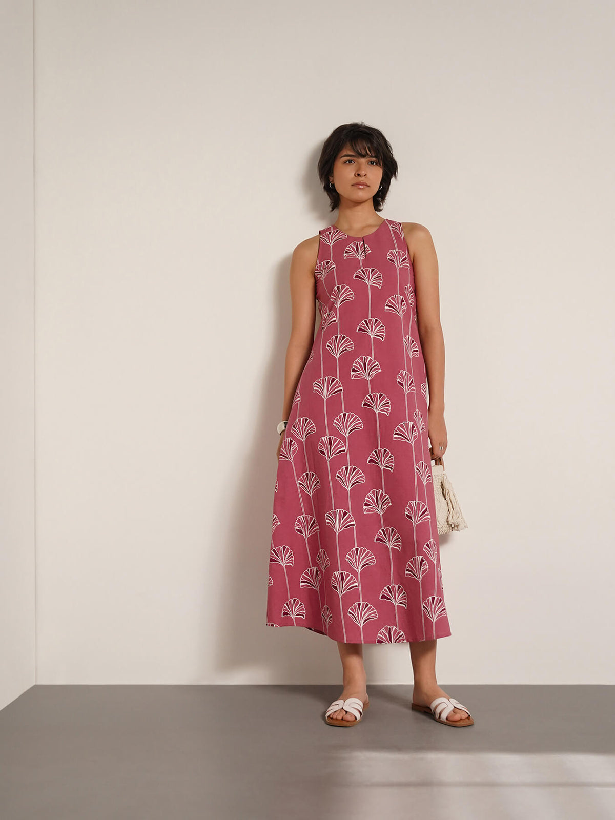Cotton Floral Round Neck Dress - Pink