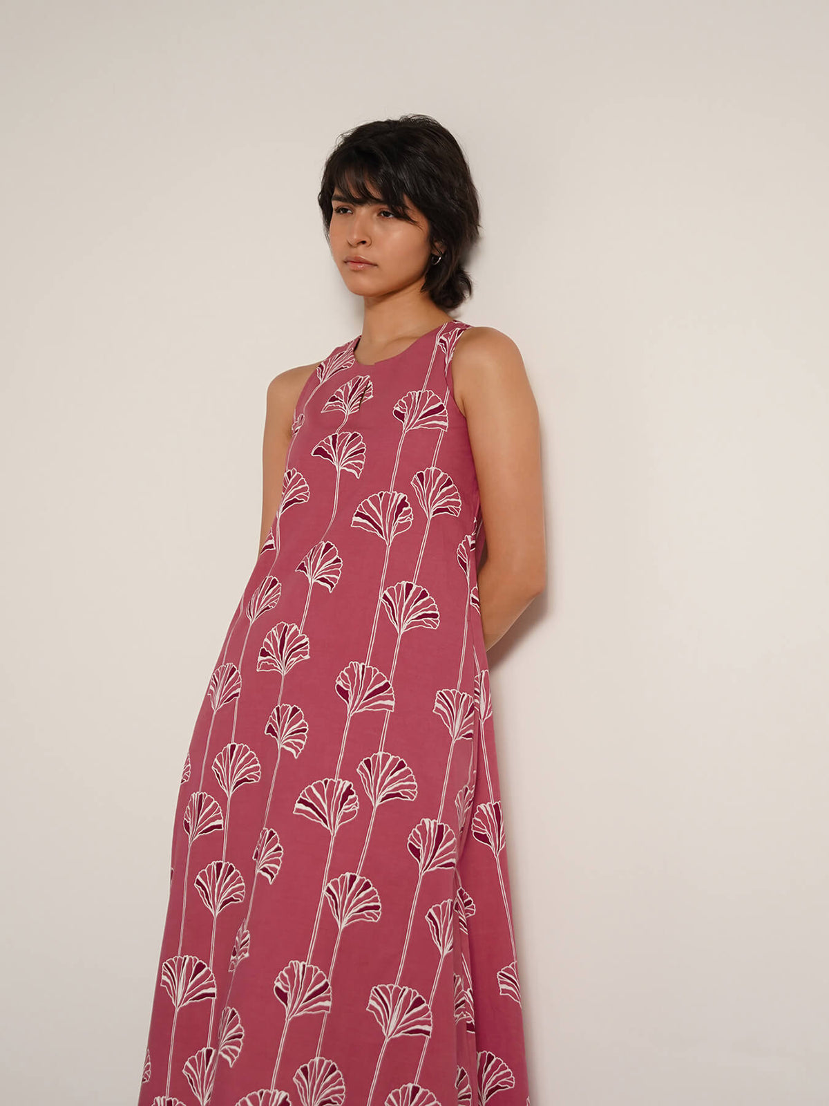 Cotton Floral Round Neck Dress - Pink