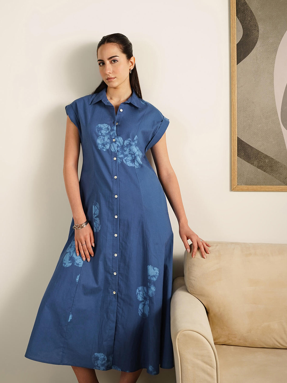 Cotton Floral Shirt Dress - Blue