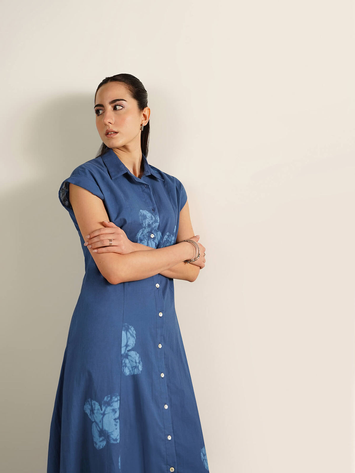 Cotton Floral Shirt Dress - Blue