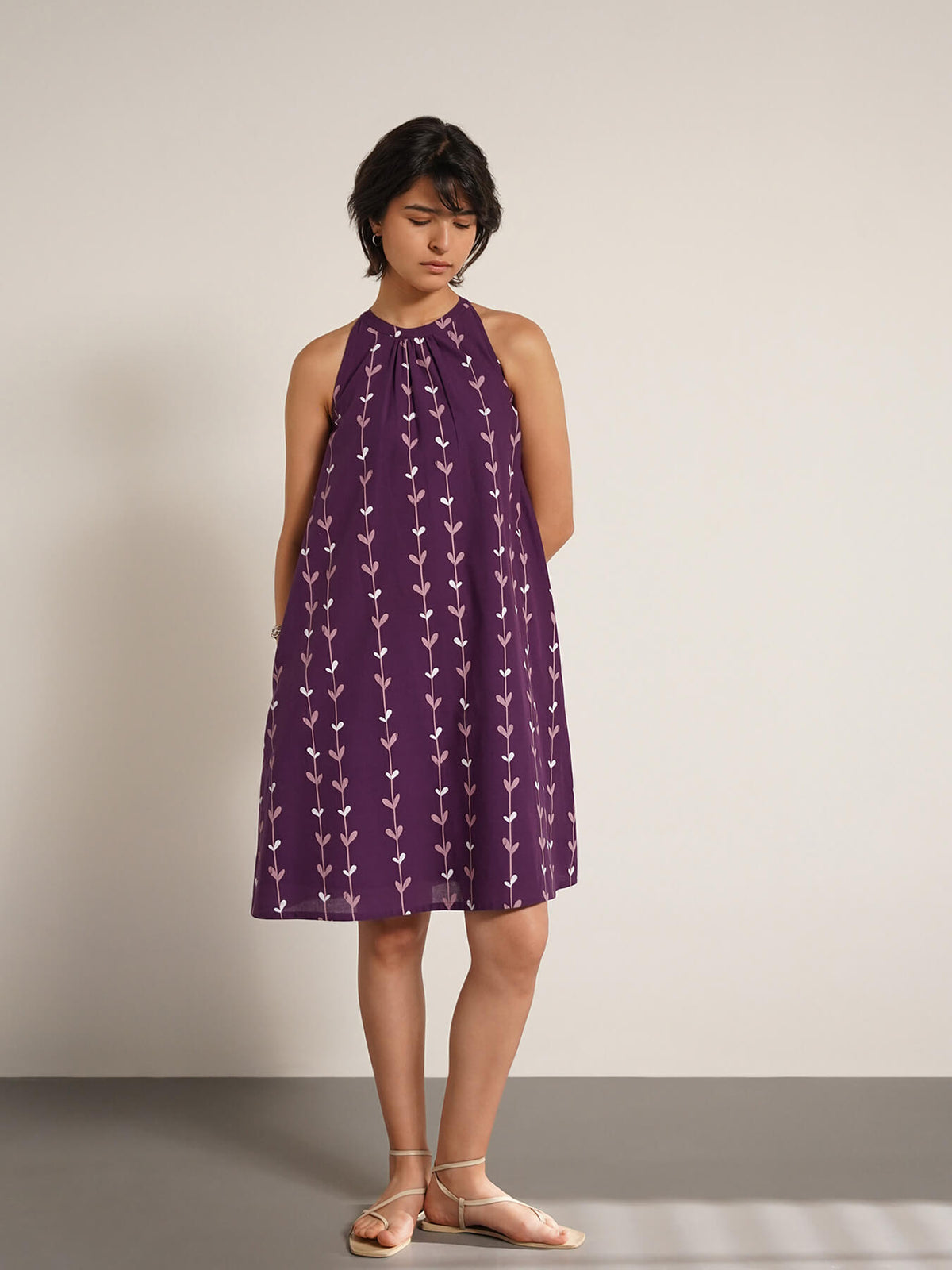 Cotton Floral Halter Neck Dress - Purple