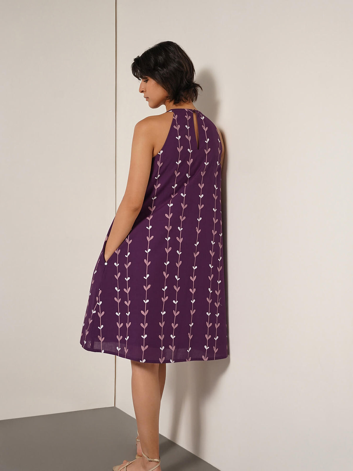 Cotton Floral Halter Neck Dress - Purple