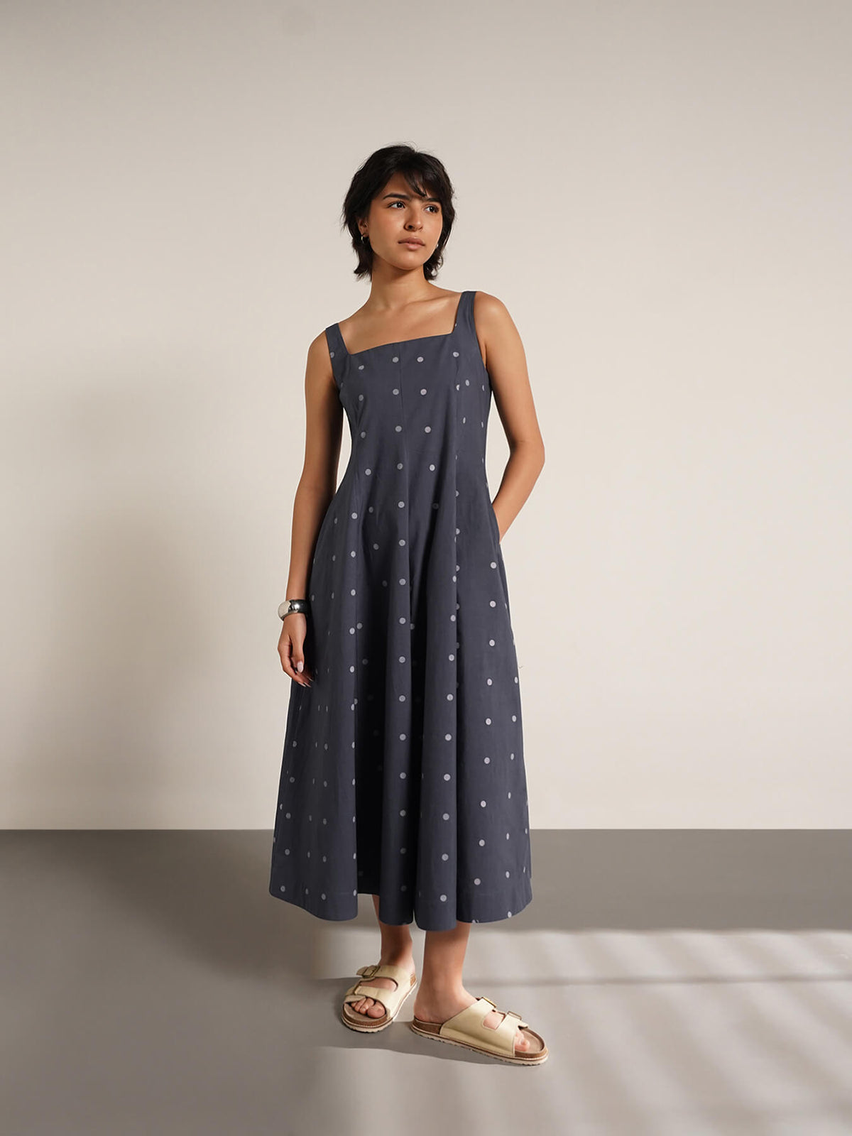 Cotton Polka Square Neck Dress - Grey