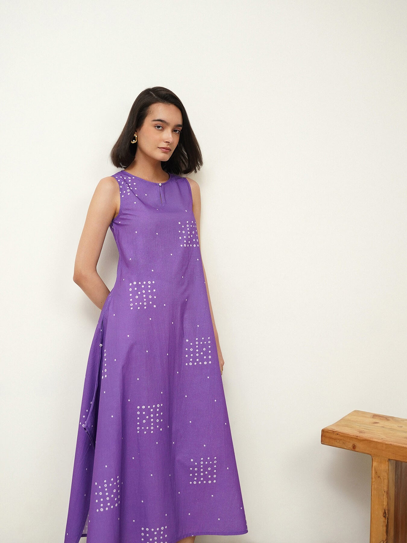 Cotton Round Neck A-Line Dress - Purple