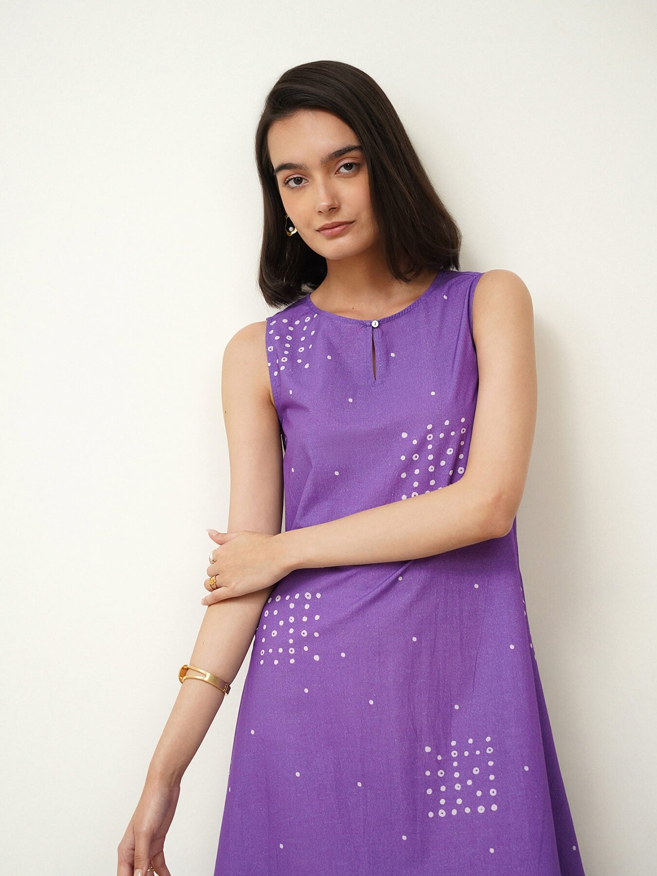 Cotton Round Neck A-Line Dress - Purple