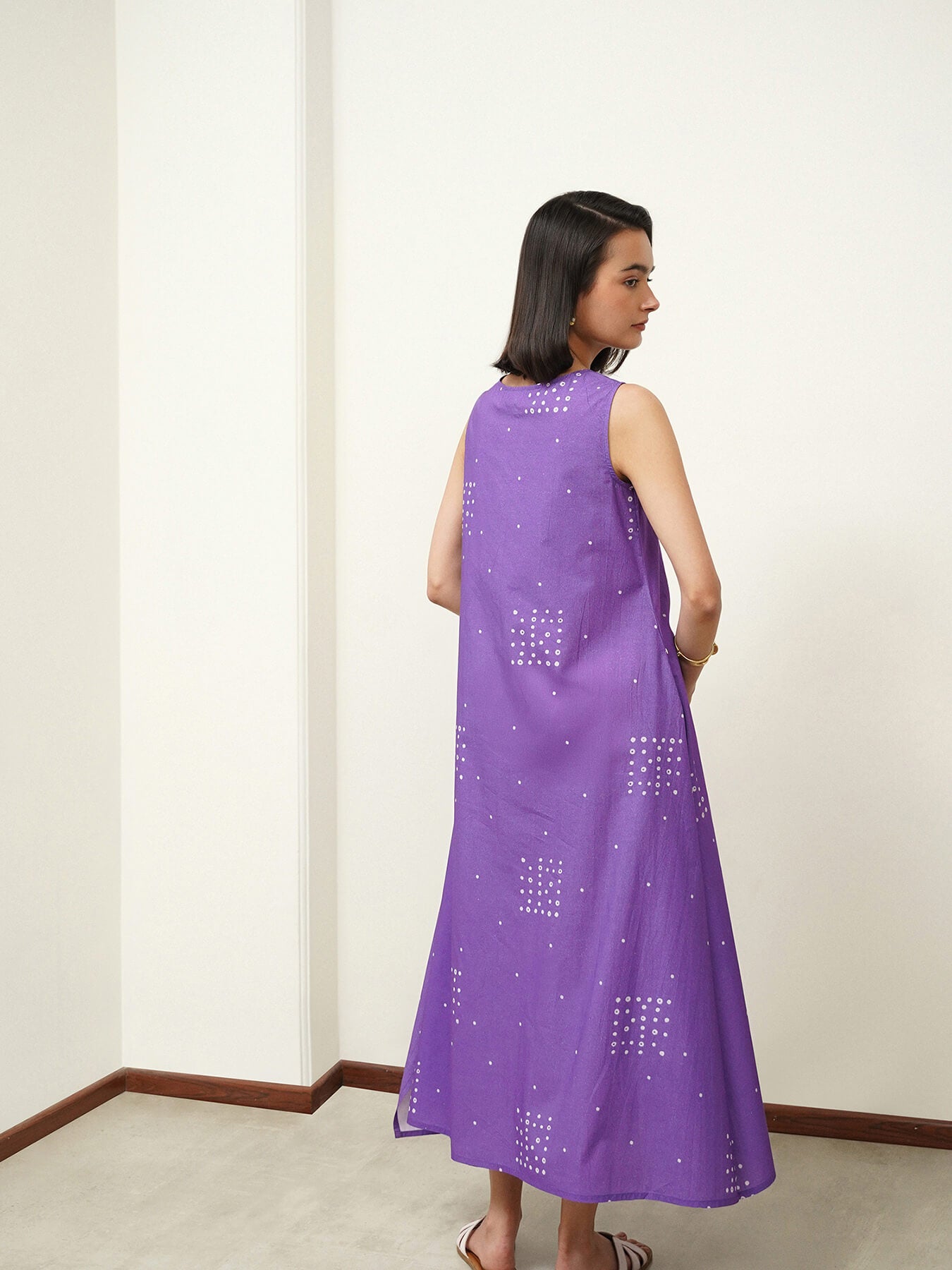 Cotton Round Neck A-Line Dress - Purple