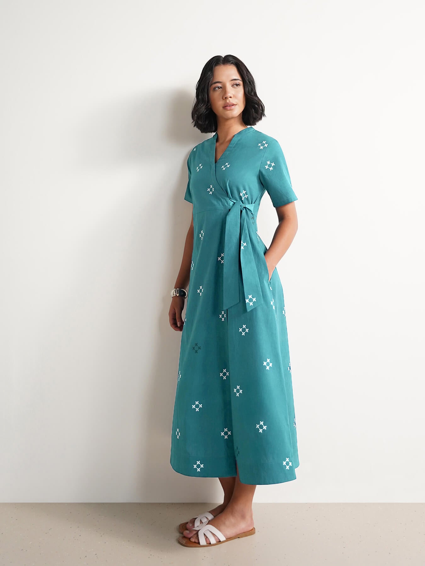 Cotton V-Neck Wrap Dress - Teal