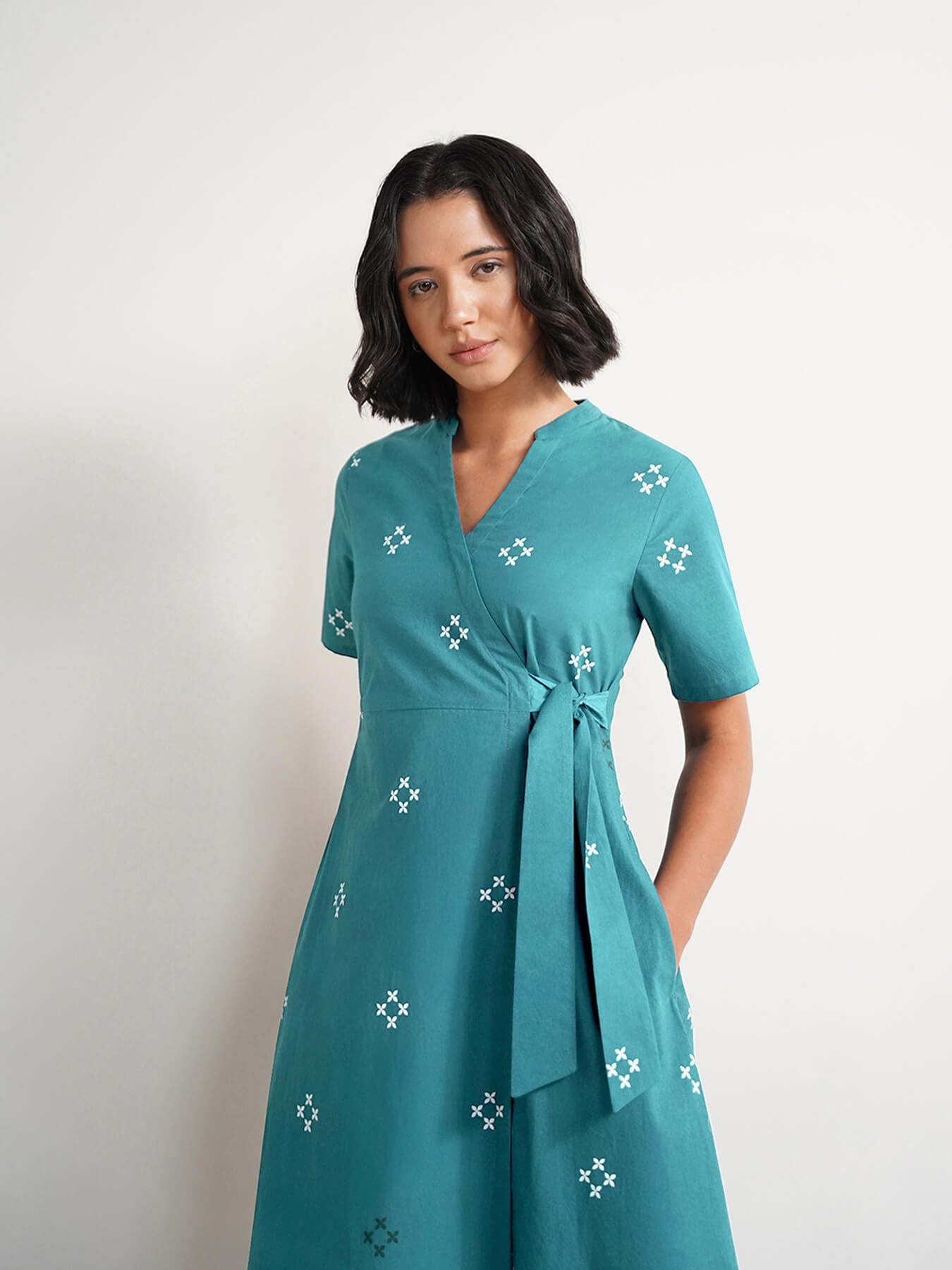 Cotton V-Neck Wrap Dress - Teal