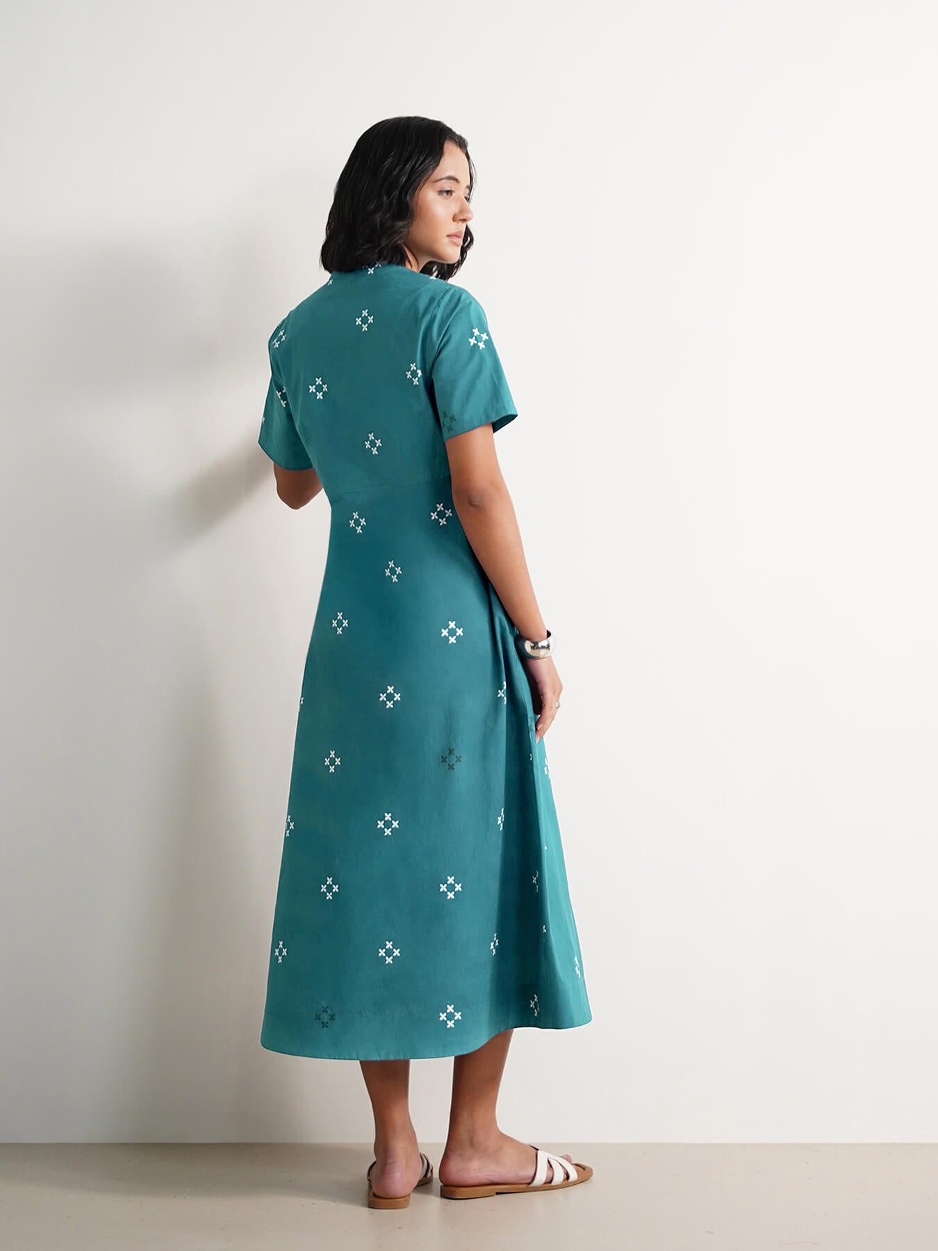 Cotton V-Neck Wrap Dress - Teal
