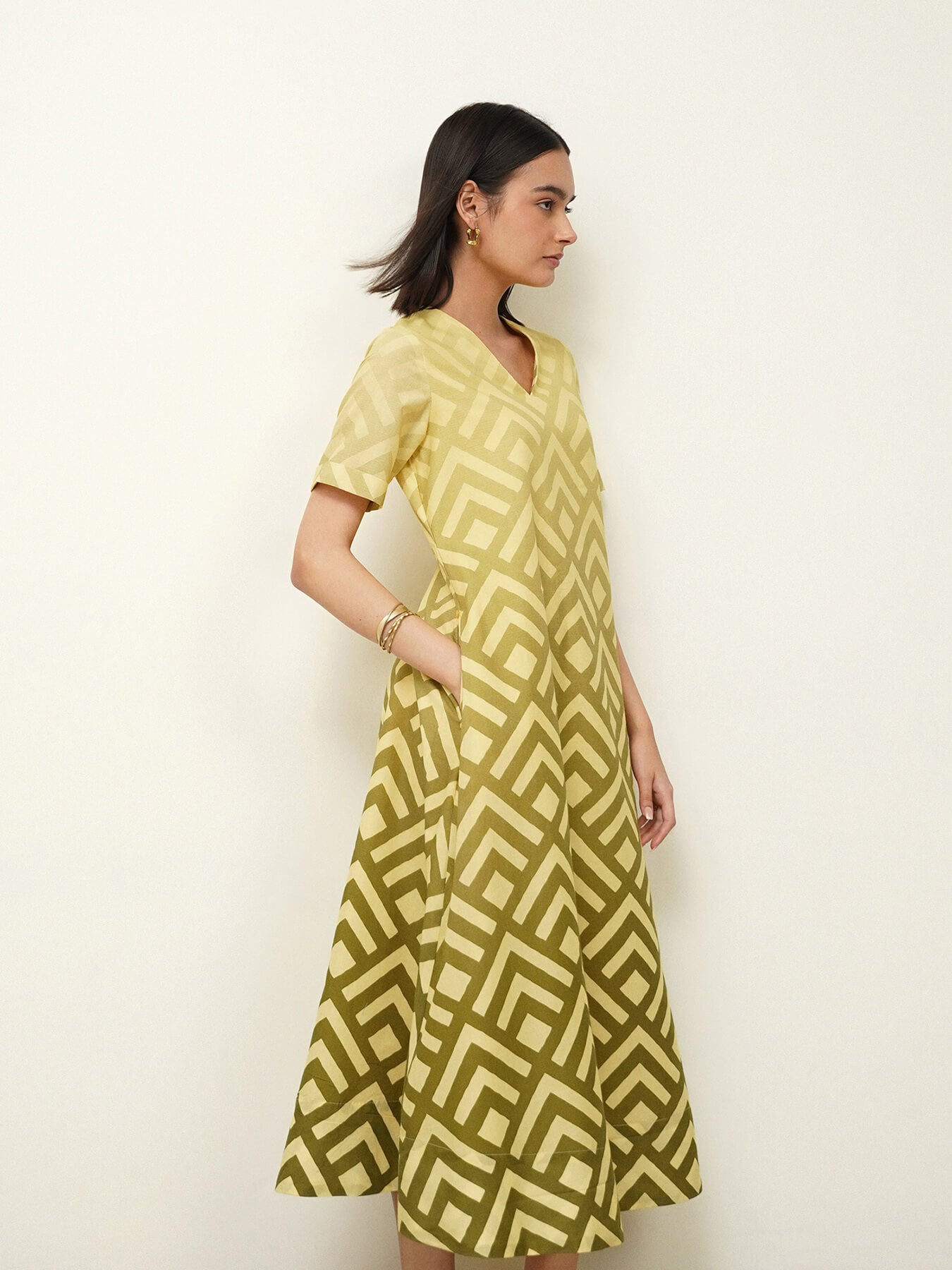 Cotton Geometric Midi Dress - Yellow