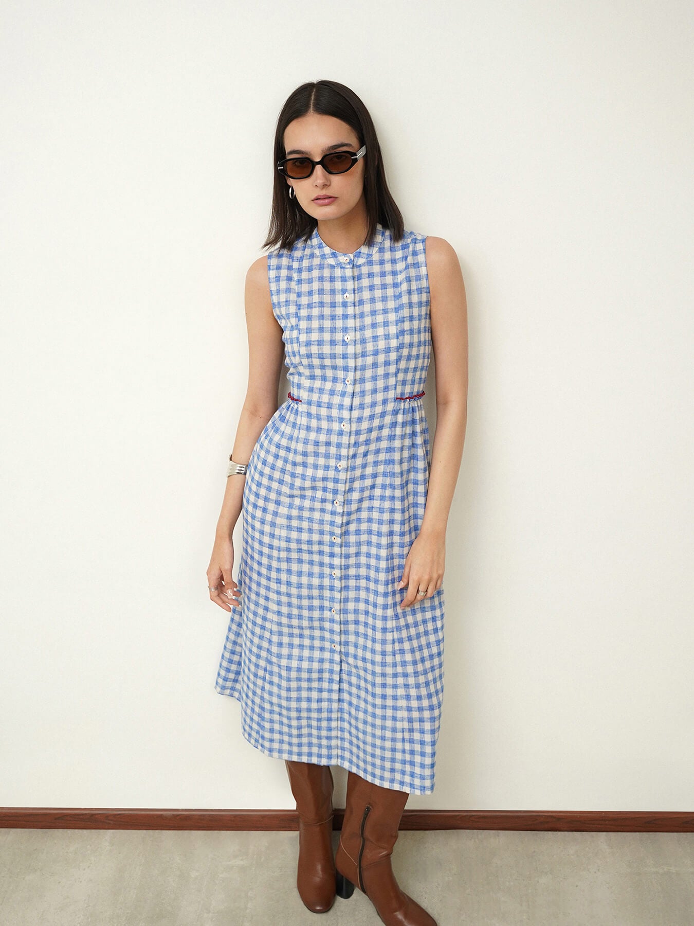 Cotton Gingham Flared Dress - Blue