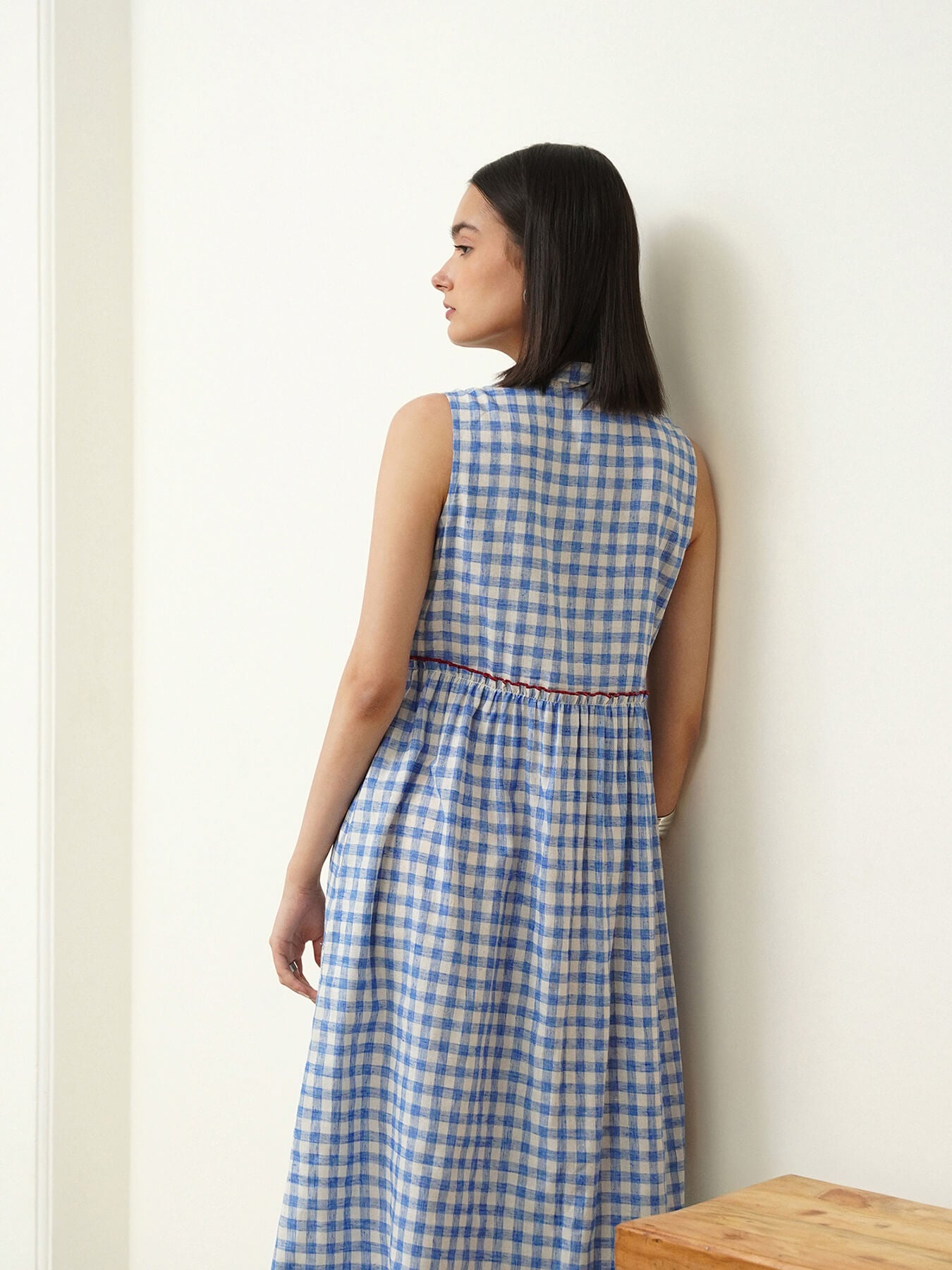 Cotton Gingham Flared Dress - Blue