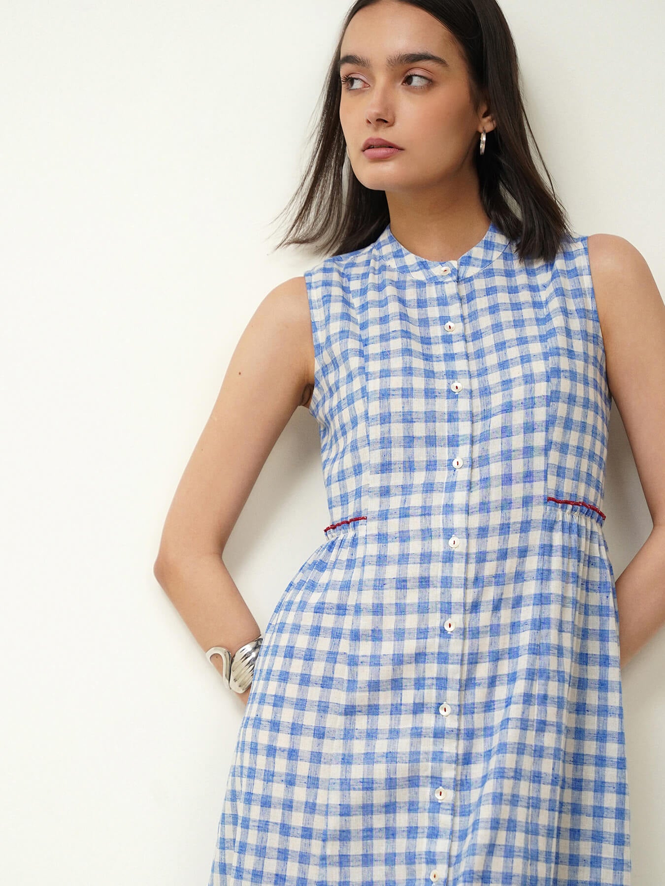 Cotton Gingham Flared Dress - Blue