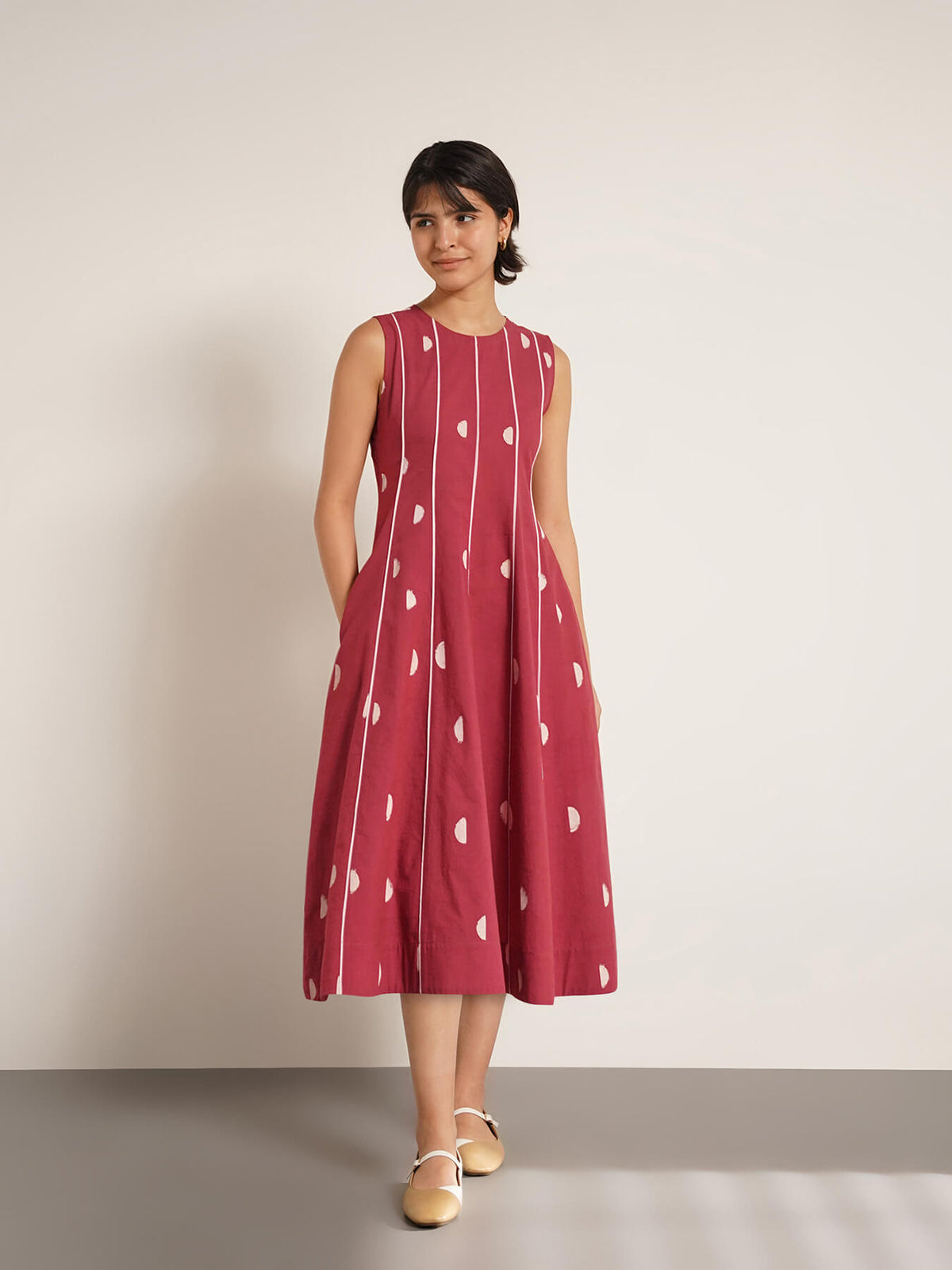 Cotton Geometric Print Fit & Flare Dress - Maroon