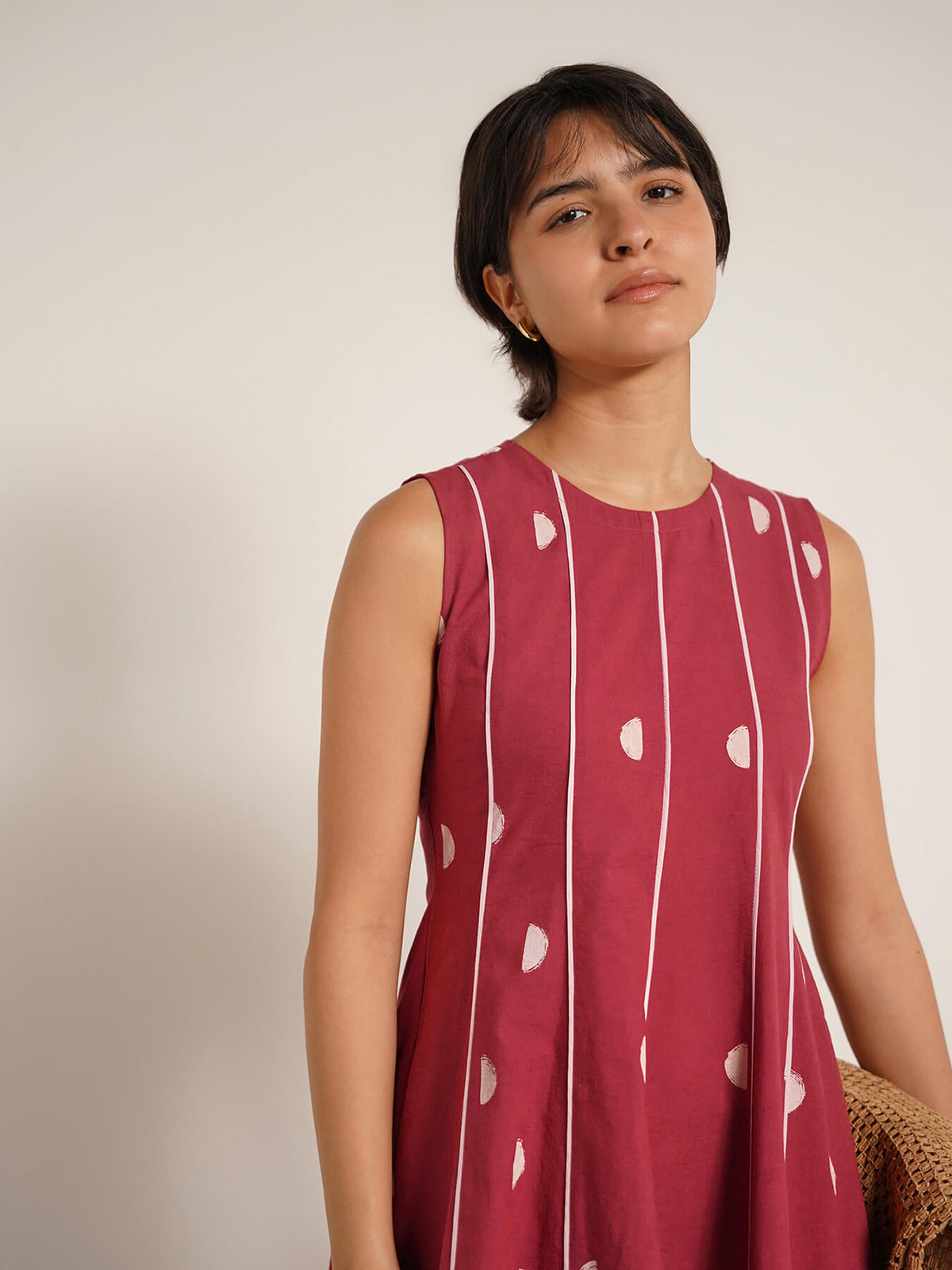 Cotton Geometric Print Fit & Flare Dress - Maroon