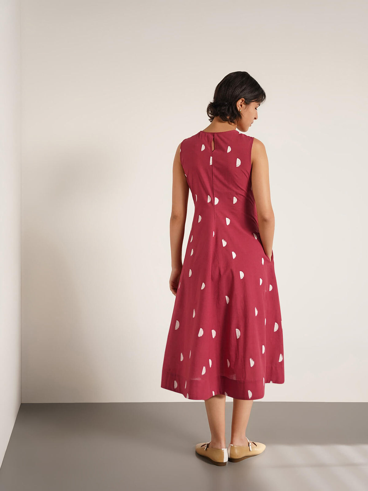Cotton Geometric Print Fit & Flare Dress - Maroon