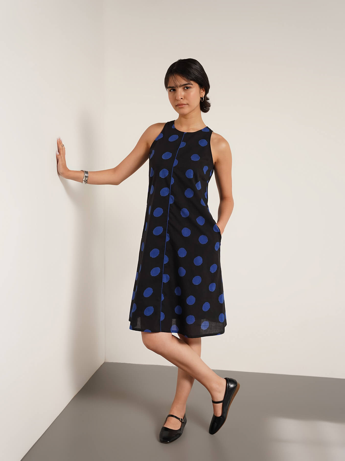 Cotton Polka A-Line Dress - Black