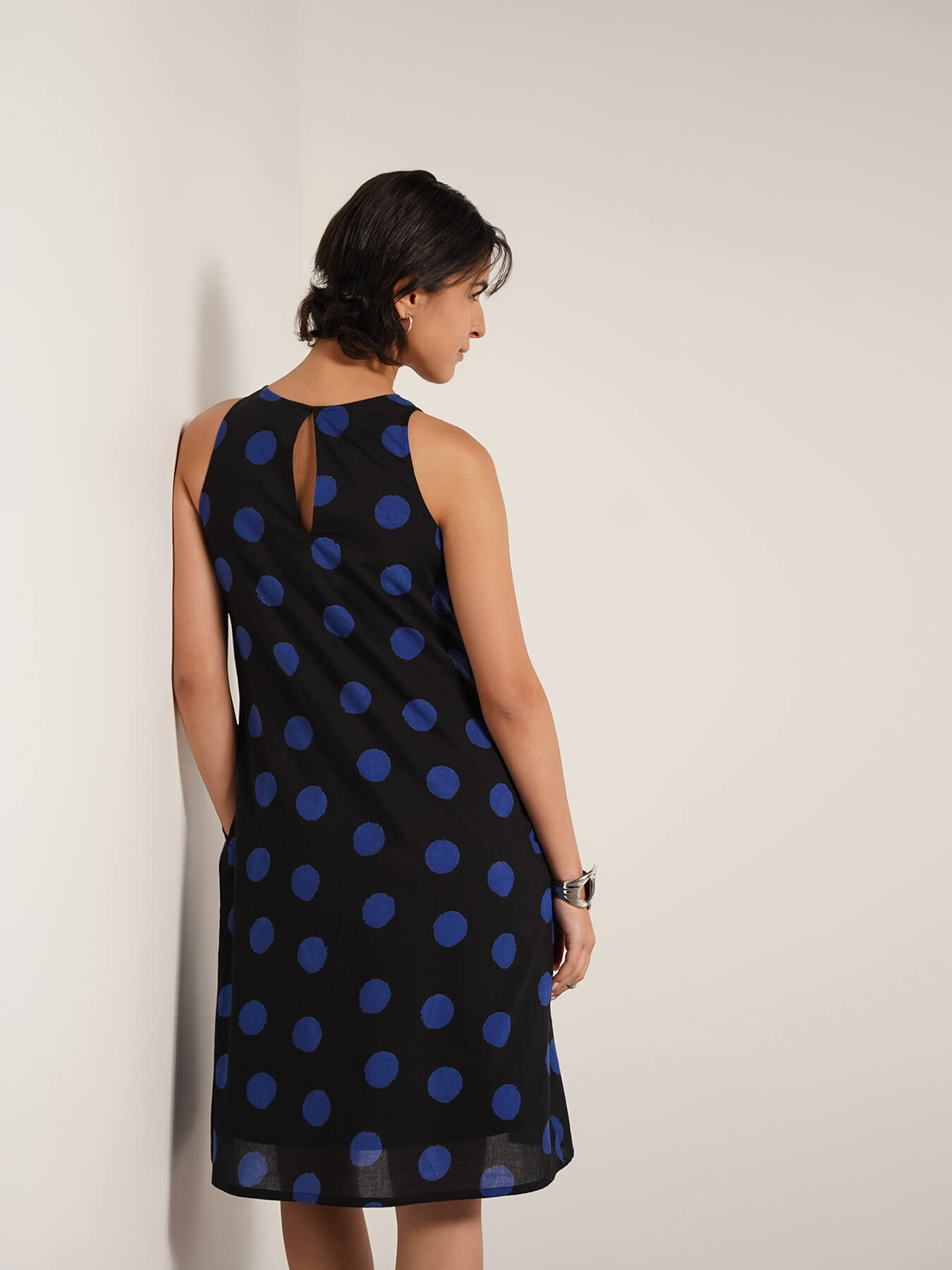Cotton Polka A-Line Dress - Black