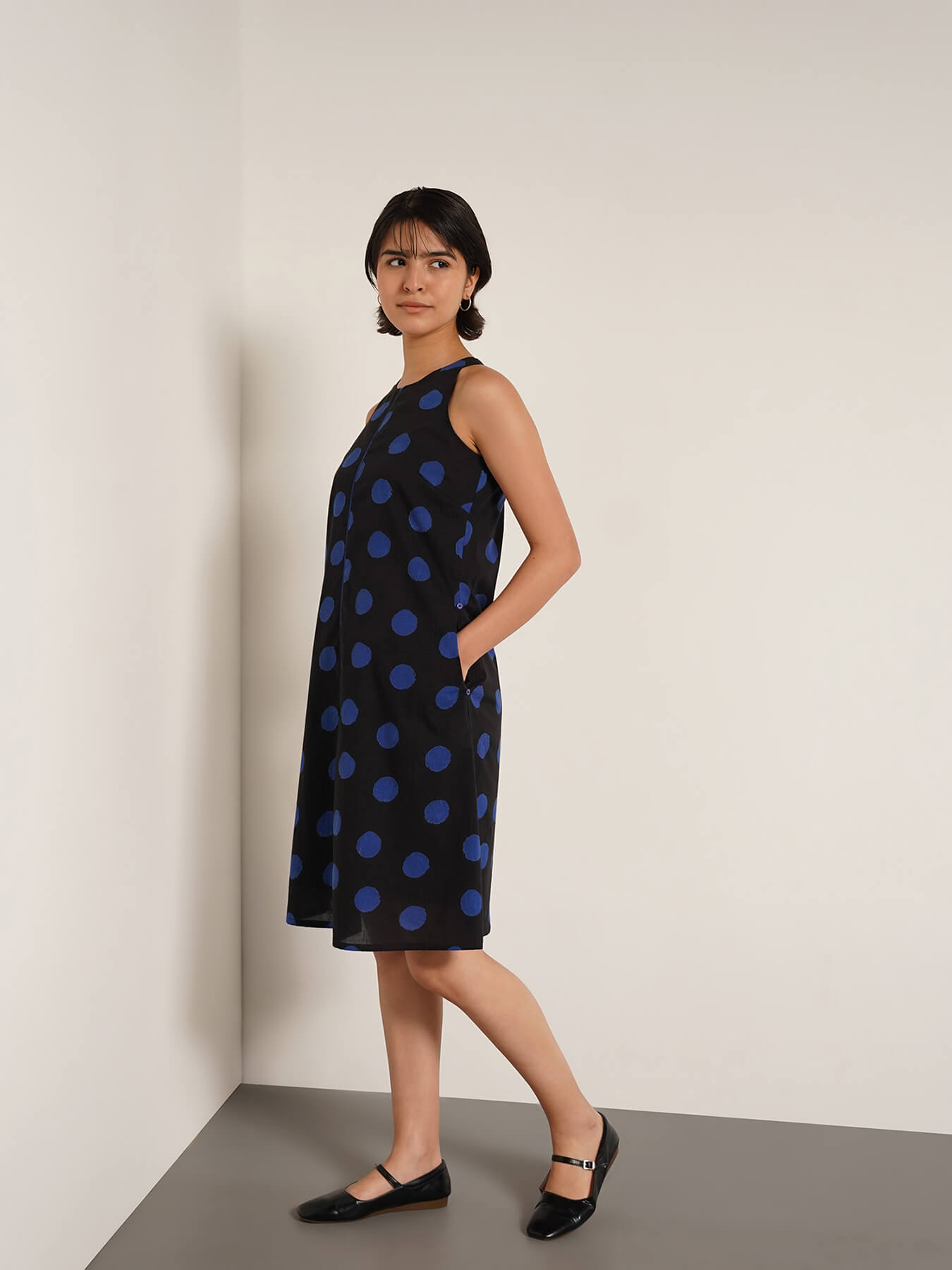 Cotton Polka A-Line Dress - Black